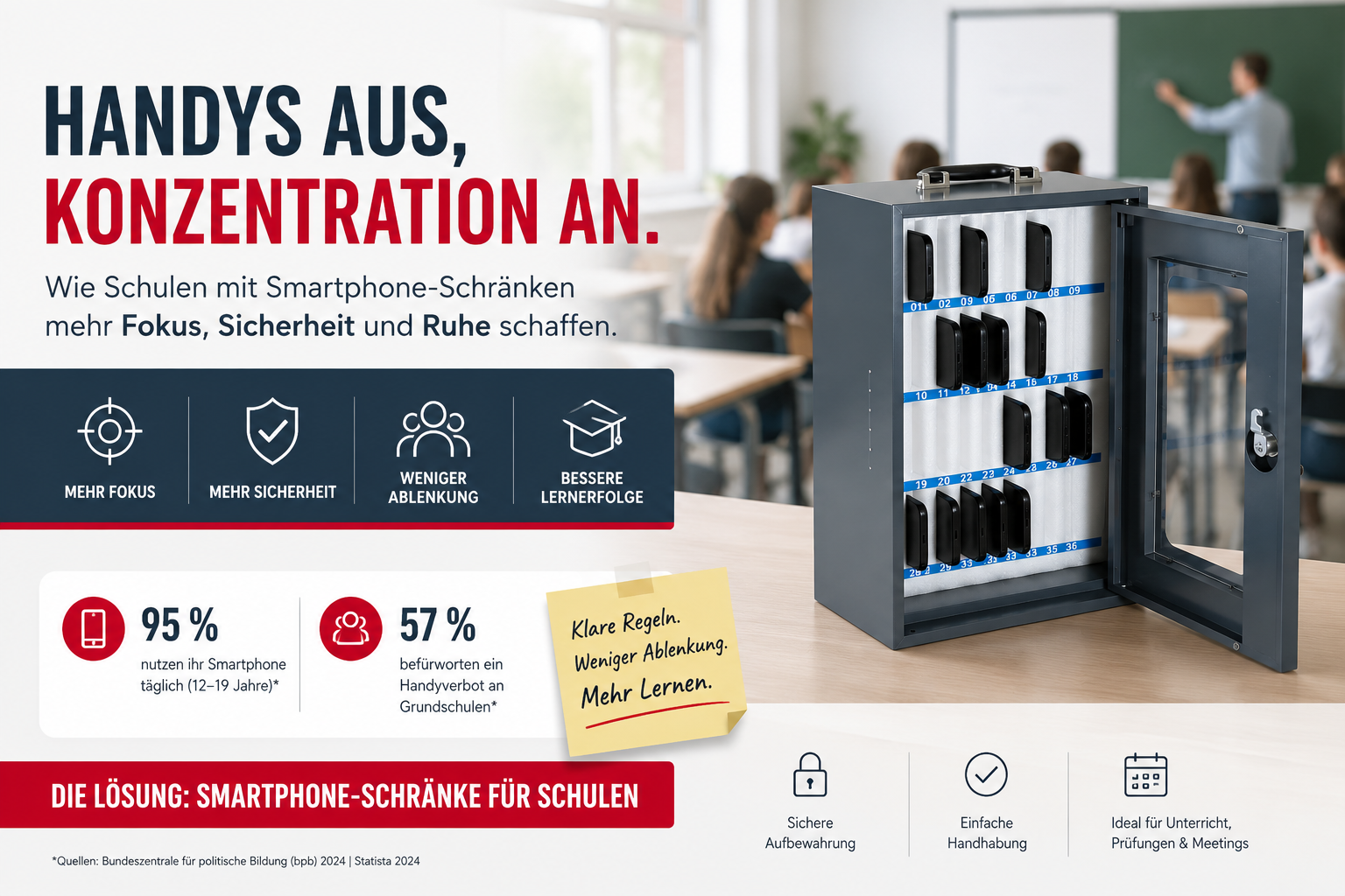 Handy Lösung für die Schule. Für mehr Konzentration im Unterricht. Handy Aufgebewahrungsort