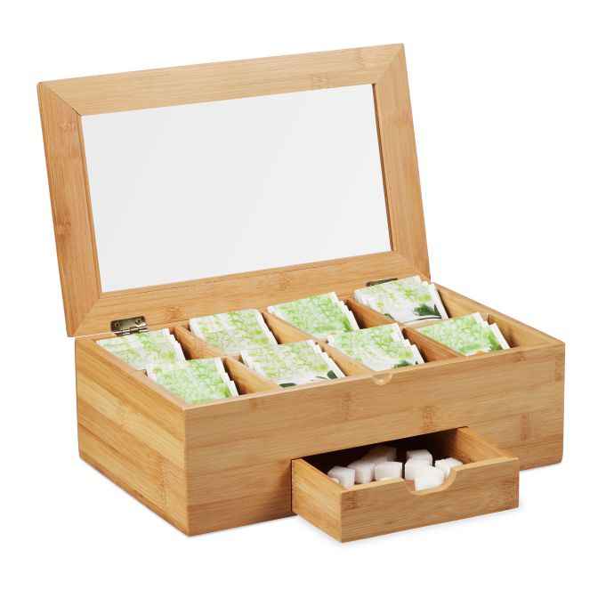 Relaxdays Teebox Bambus mit Schublade – Braun, 33 x 20 cm