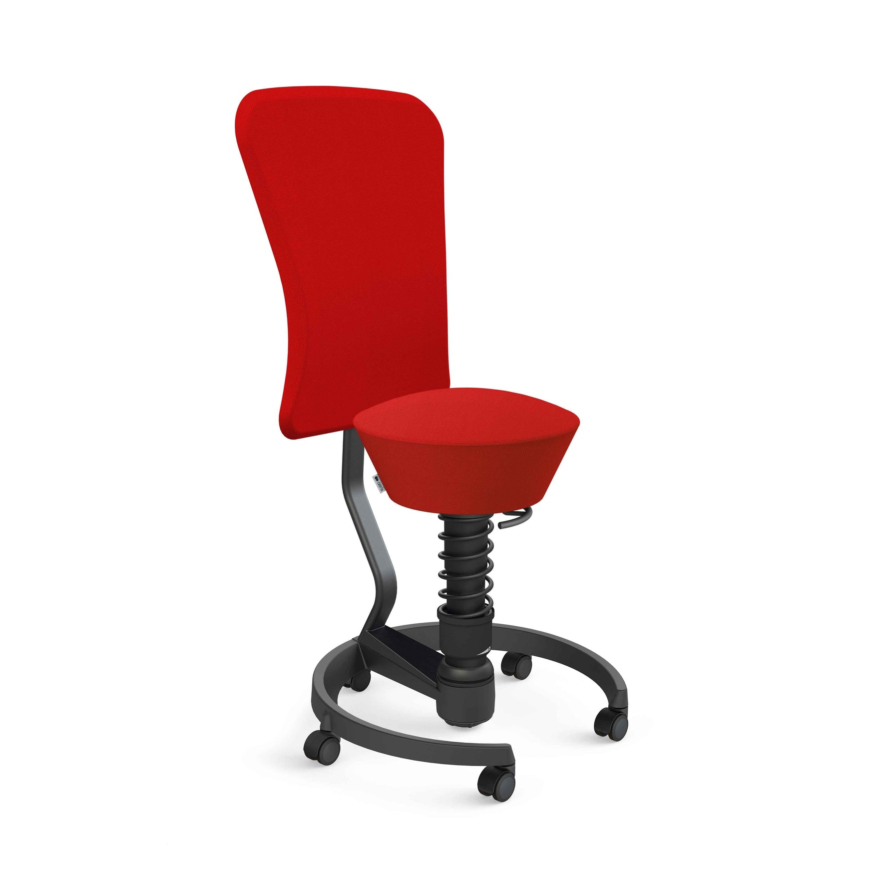 Aeris Swopper mit Lehne, schwarzer Bürostuhl mit Rollen und rotem Sitz, ergonomisches Design für dynamisches Sitzen