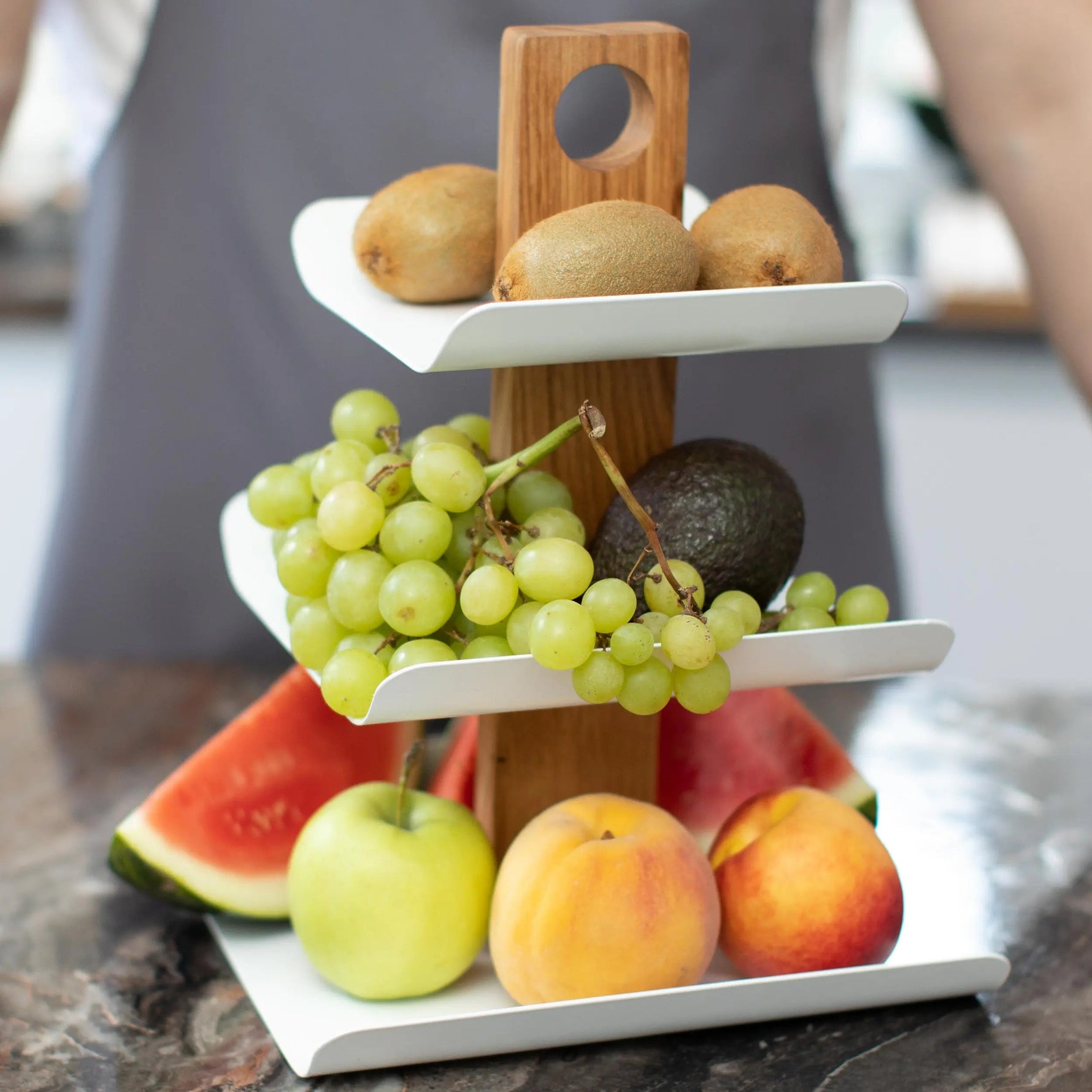 Moderne Etagere 3-stöckig Holz & Metall 33cm – Schwarzer Obstkorb & Obstschale
