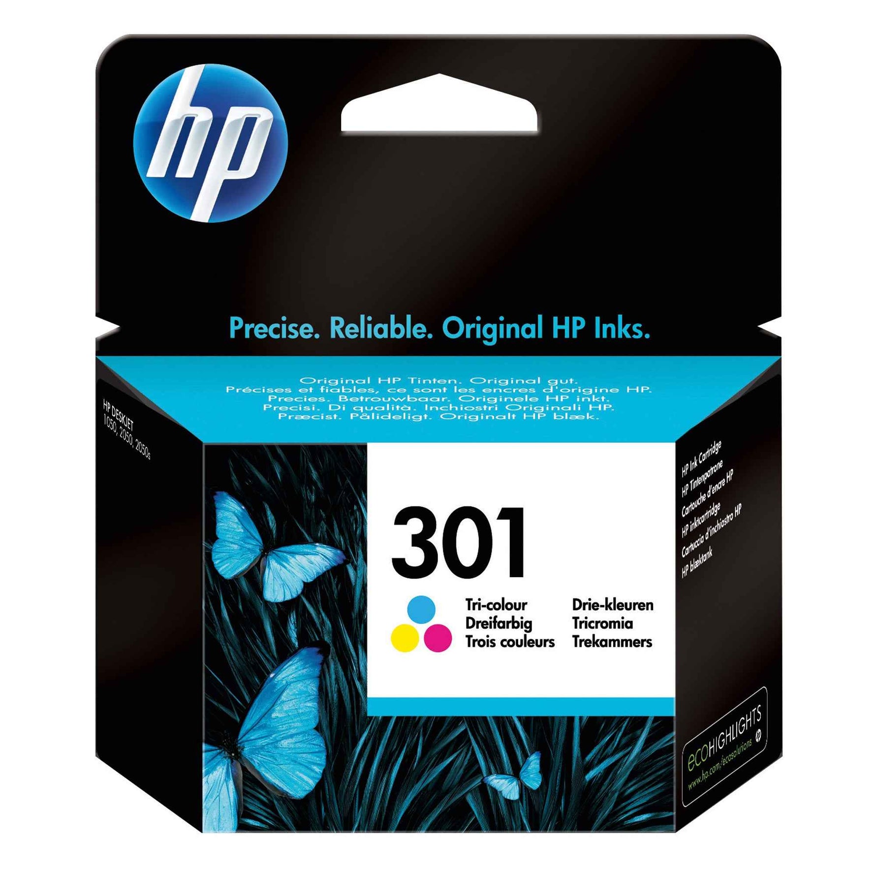 HP Tintenpatrone 301 in Cyan, Magenta und Gelb für Farbdrucker, zeigt die Tintenpatrone im Karton.
