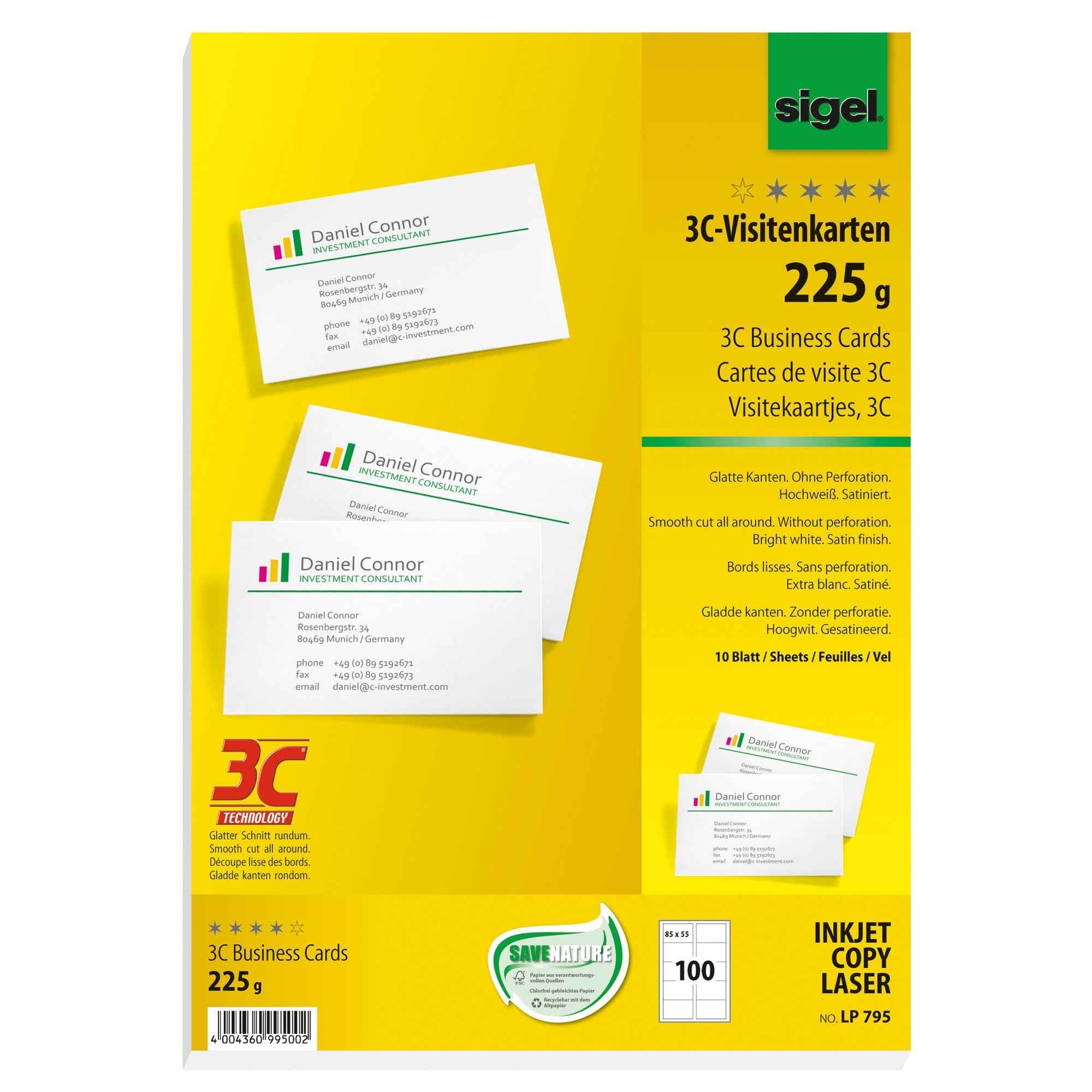 SIGEL Visitenkarte 225 g/m² ohne abgerundete Ecken 100 St./Pack.