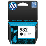 Schwarze HP Tintenpatrone 932, sichtbare Tintenpatrone in Verpackung, für Heimdrucker geeignet, auf weißem Hintergrund.