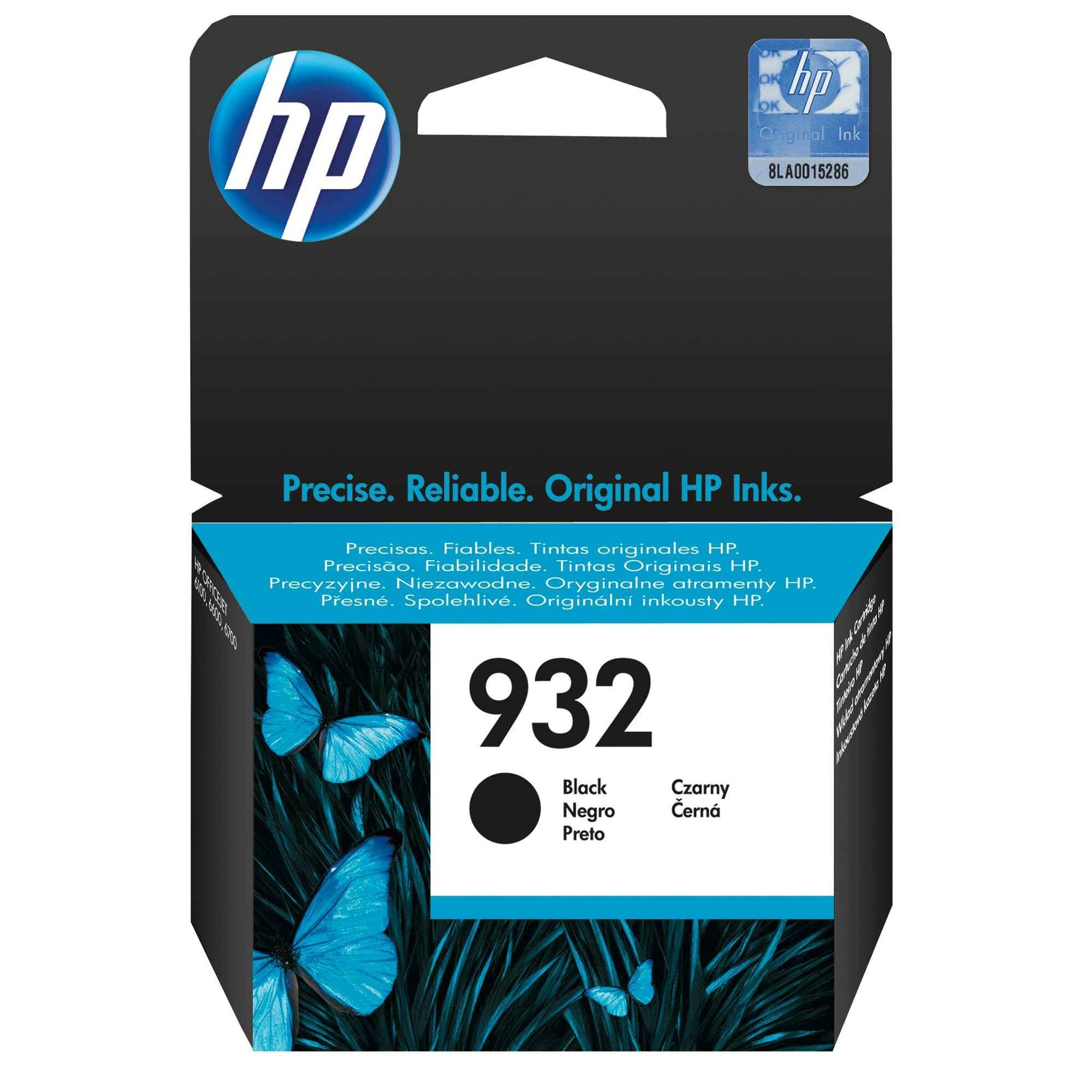 Schwarze HP Tintenpatrone 932, sichtbare Tintenpatrone in Verpackung, für Heimdrucker geeignet, auf weißem Hintergrund.