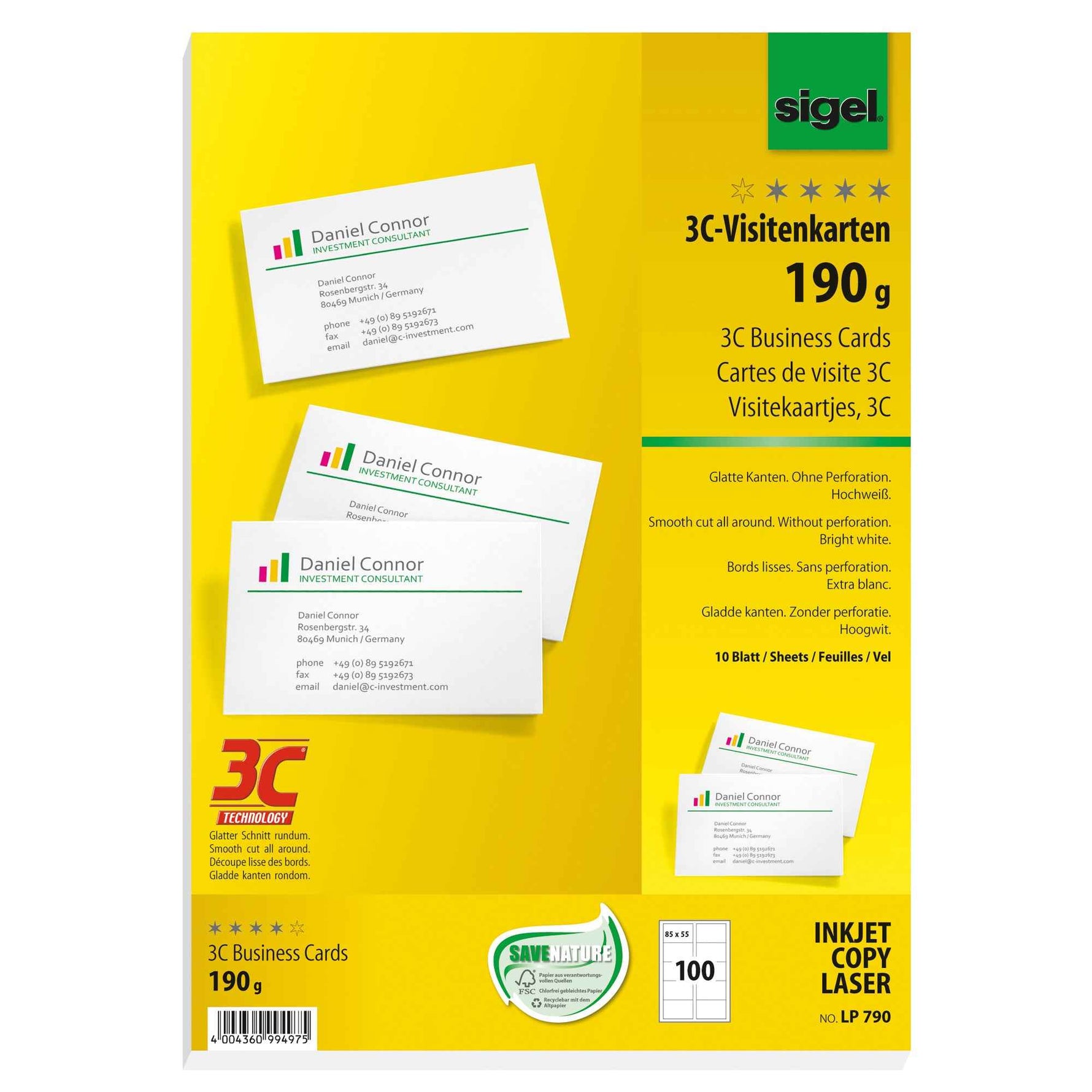 SIGEL Visitenkarte 190 g/m² ohne abgerundete Ecken 100 St./Pack.