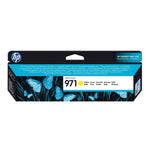 Gelbe HP Tintenpatrone 971 für Drucker, original & kompatibel, zeigt die Verpackung und Tintenpatrone vor weißem Hintergrund.