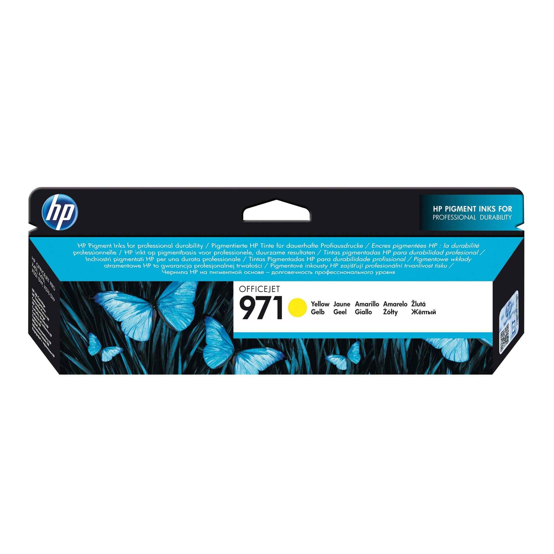 Gelbe HP Tintenpatrone 971 für Drucker, original & kompatibel, zeigt die Verpackung und Tintenpatrone vor weißem Hintergrund.