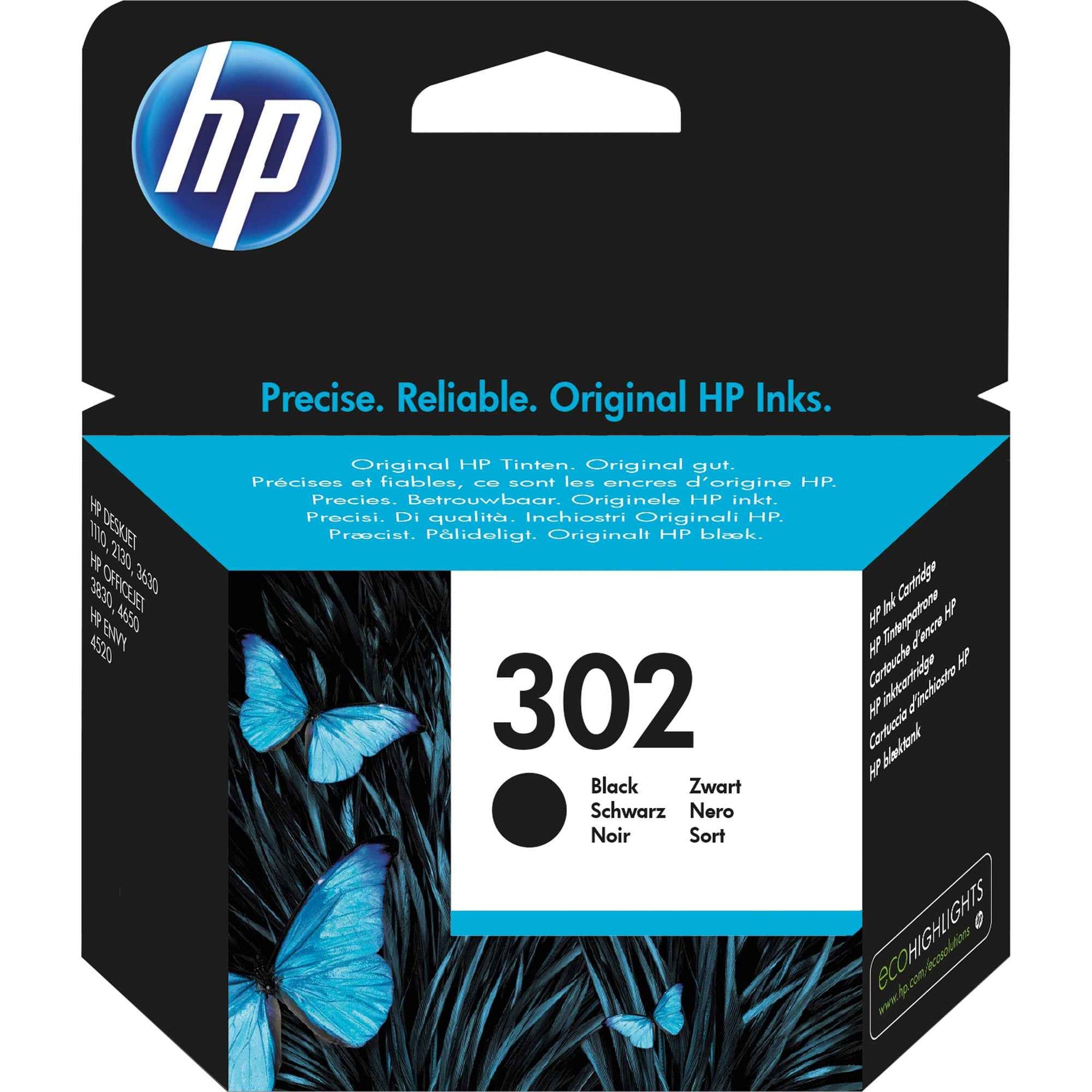 Schwarze HP Tintenpatrone 302 für Drucker, Tintenpatrone in Originalverpackung, klare Verpackungsaufnahme