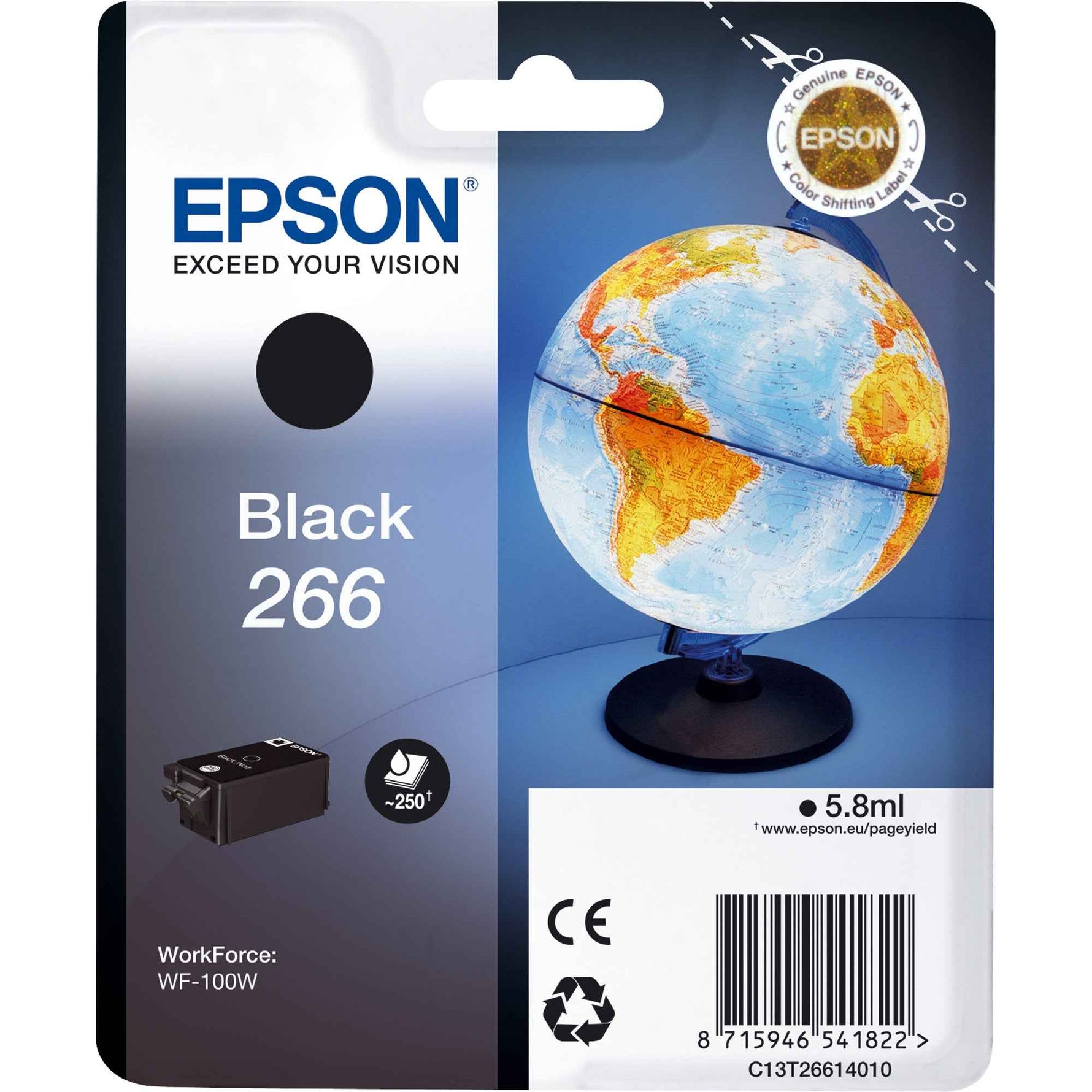 Schwarze Epson Tintenpatrone 266 für Drucker, Nahaufnahme der Tintenpatrone in Originalverpackung