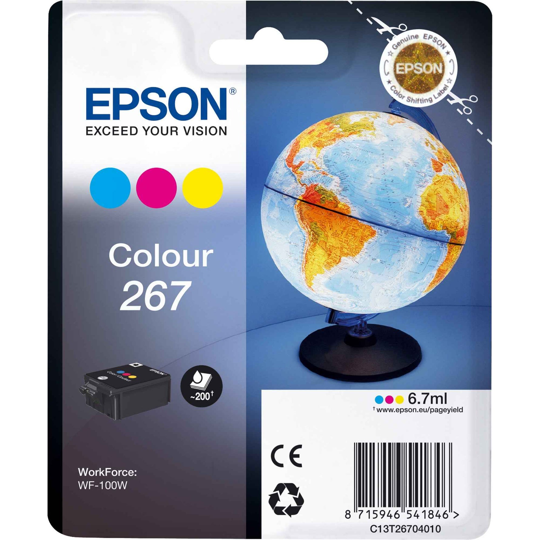 Epson Tintenpatrone 267 mit Cyan, Magenta und Gelb Tinten für Drucker, Nahaufnahme der Tintenpatrone.