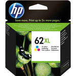 HP Tintenpatrone 62XL in Cyan, Magenta und Gelb, hochwertige Tintenpatrone für Farb-Drucker, zeigt die farbigen Patronen.