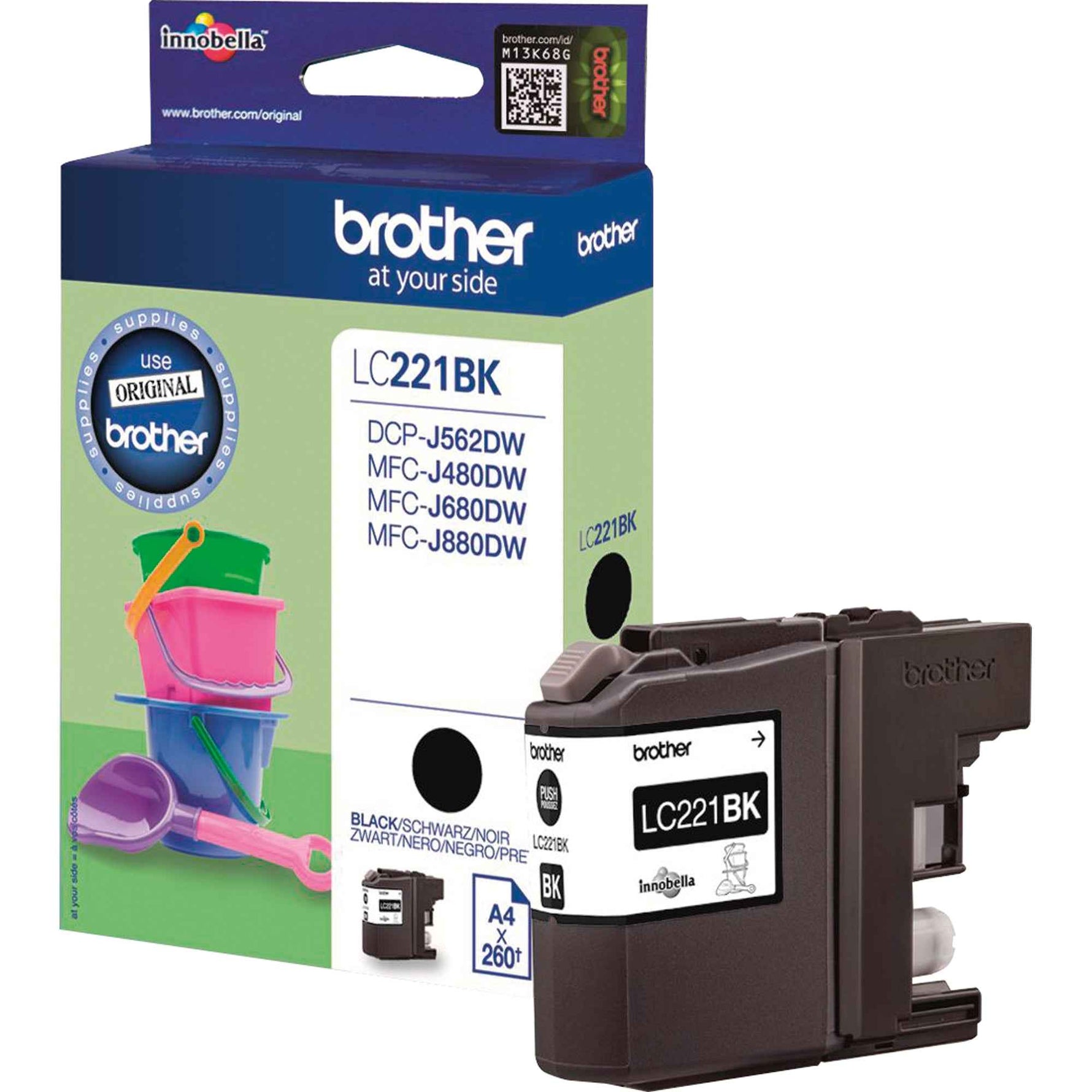 Schwarze Brother Tintenpatrone LC-221BK, Tintenpatrone für Drucker, mit schwarzer Tintenfüllung, auf einem weißen Hintergrund