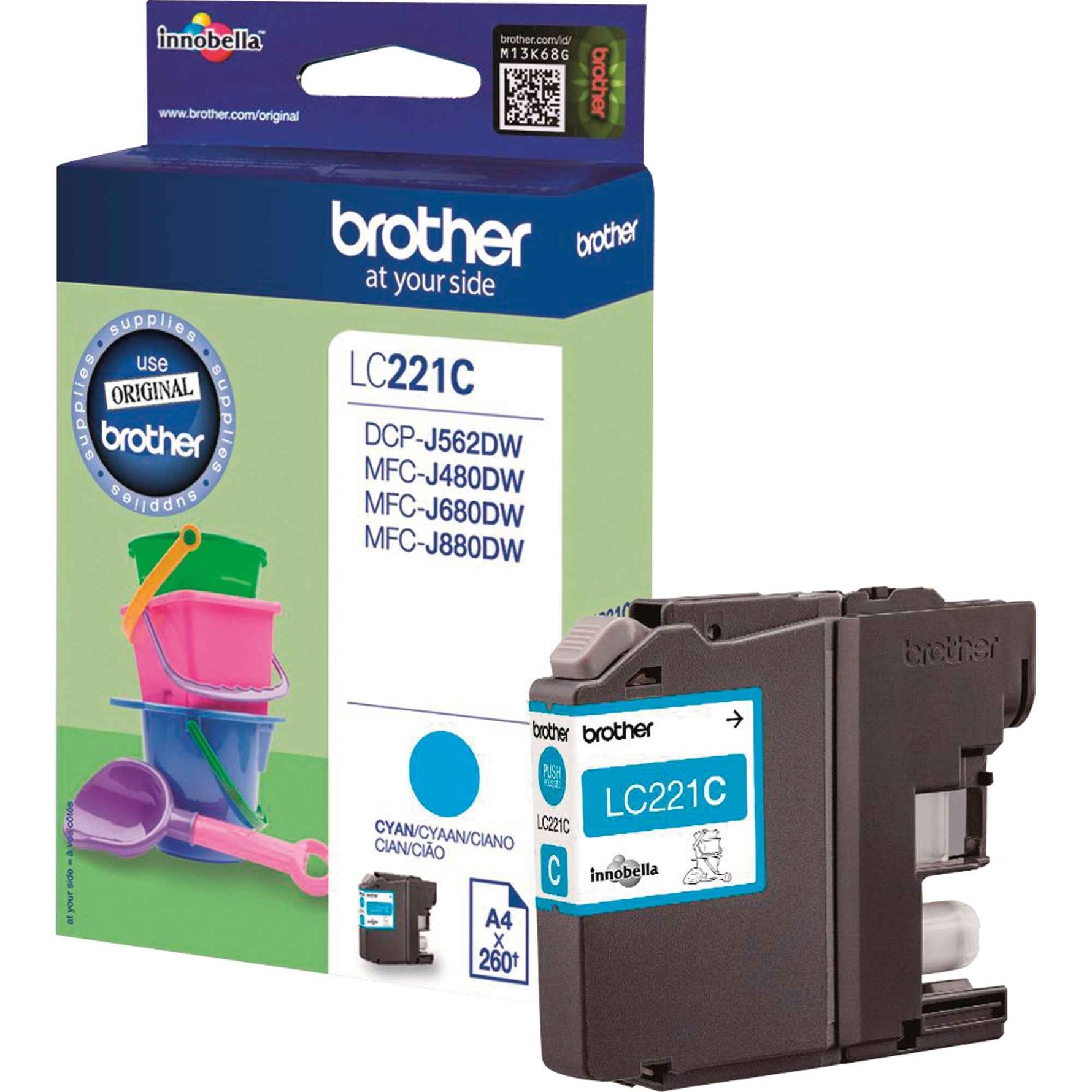 Brother Tintenpatrone LC-221C Cyan, original Druckerpatrone für Brother Drucker, zeigt die blaue Tintenpatrone vor dem Einsetzen.