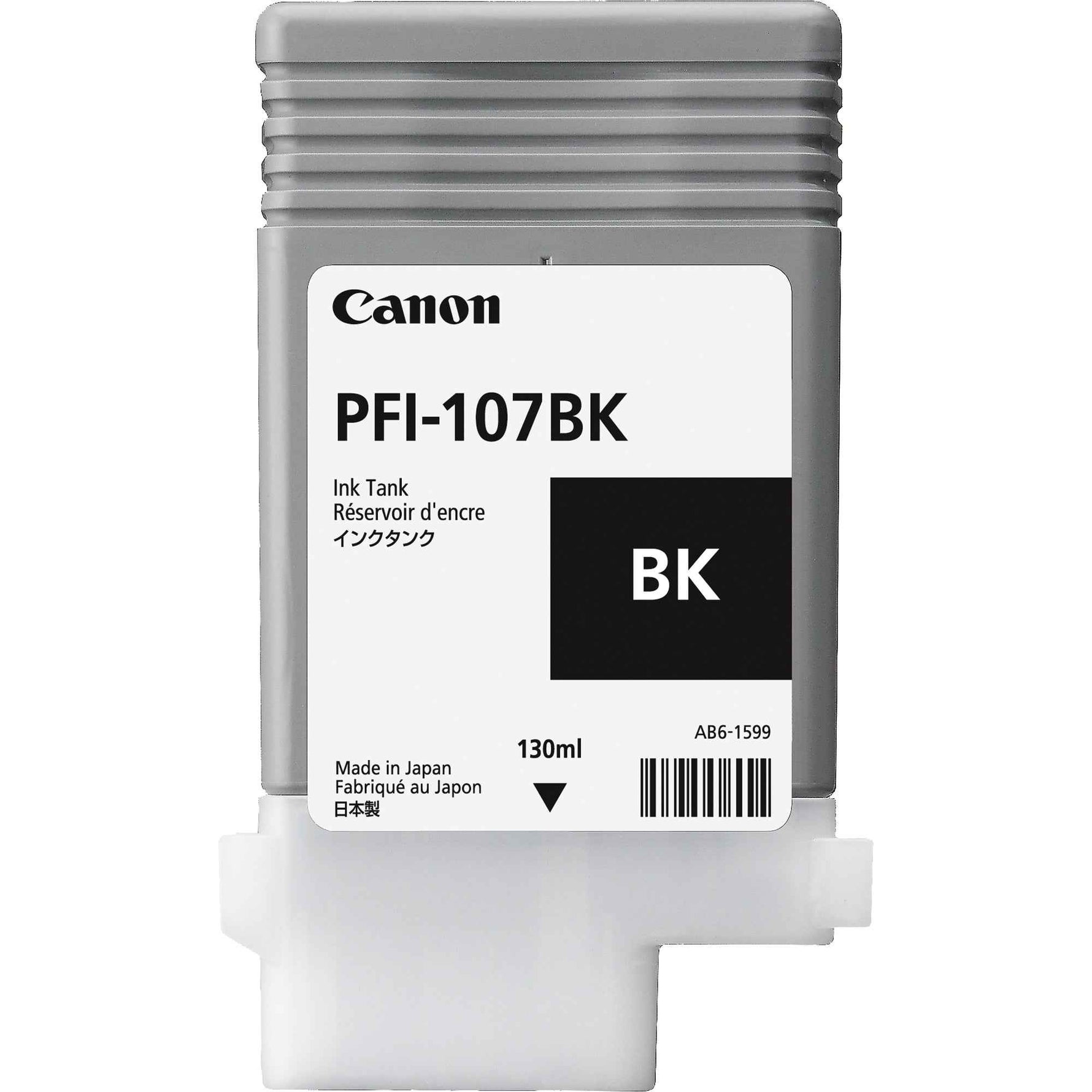 Canon Tintenpatrone PFI-107BK Schwarz für Drucker, klare Nahaufnahme der schwarzen Tintenpatrone.