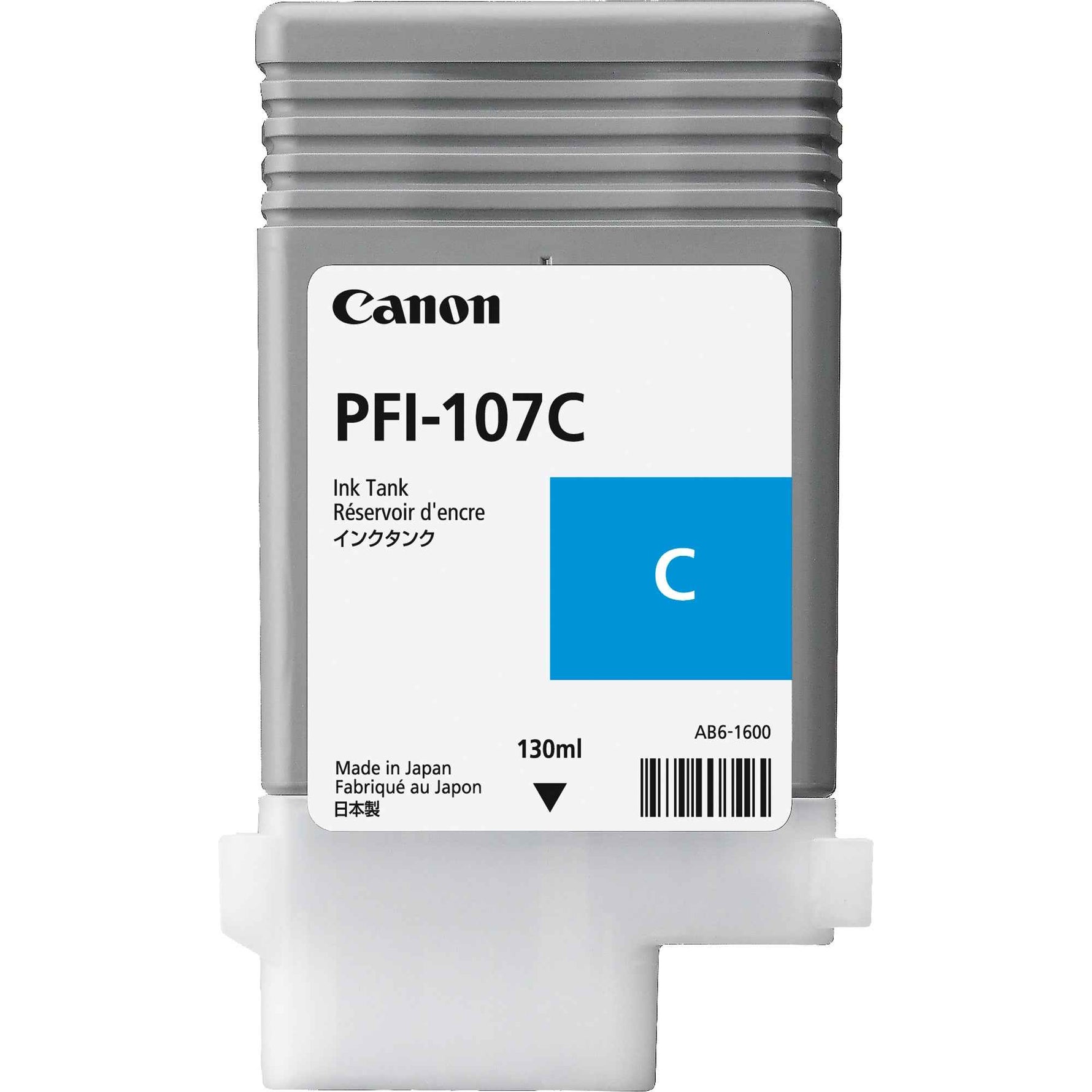 Canon Tintenpatrone PFI-107C Cyan für Farbdrucker, seitliche Ansicht mit blauer Tintenpatrone.