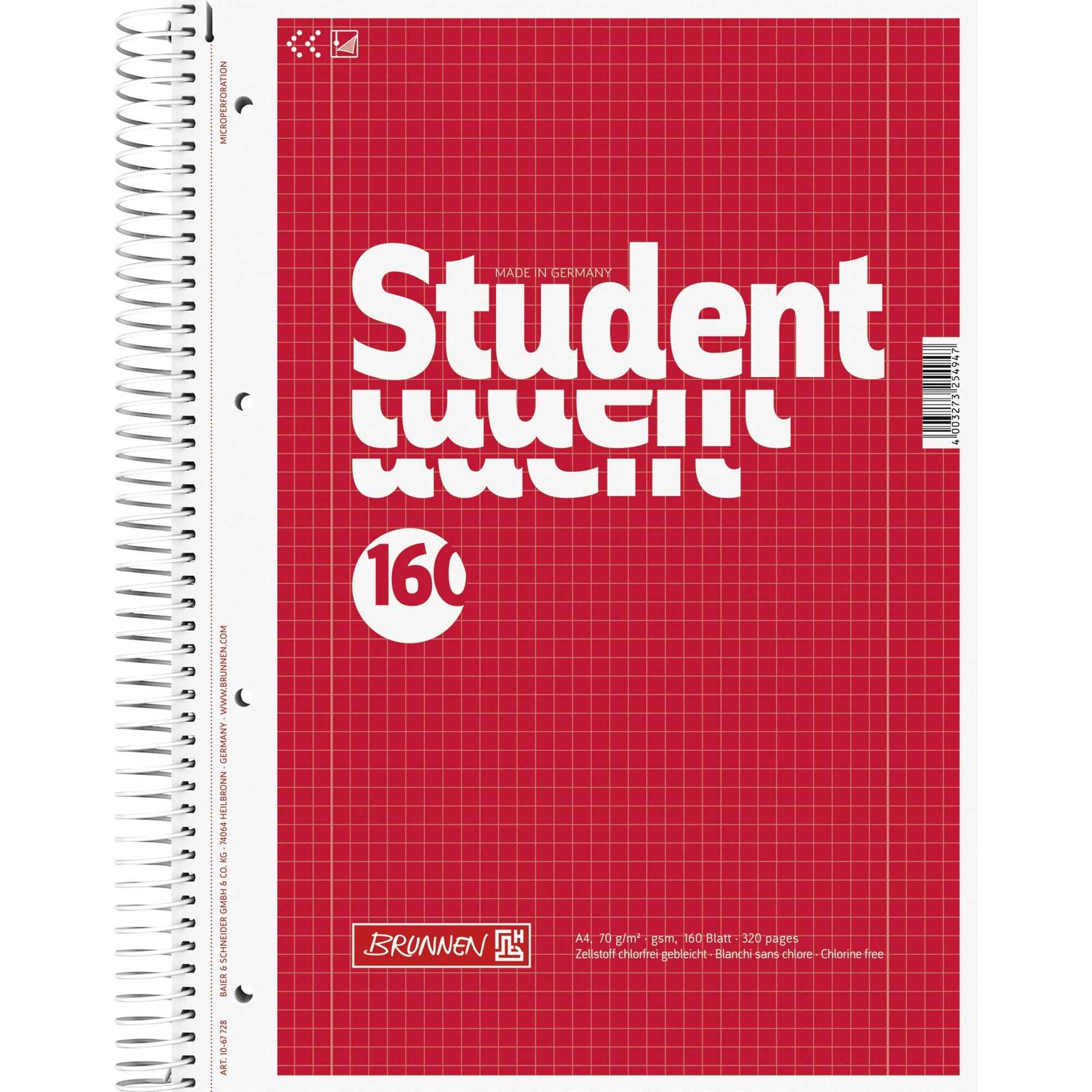BRUNNEN Collegeblock Student DIN A4 kariert mit Rand innen/außen 160 Bl.