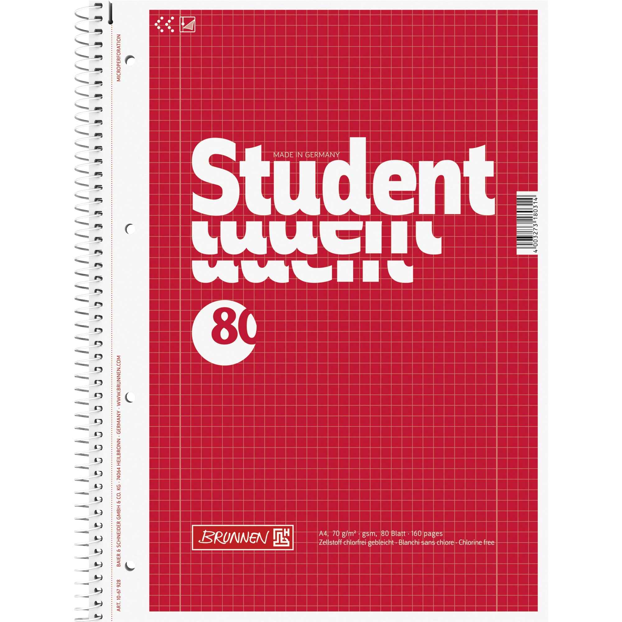 BRUNNEN Collegeblock Student DIN A4 kariert mit Rand innen/außen Lineatur 28