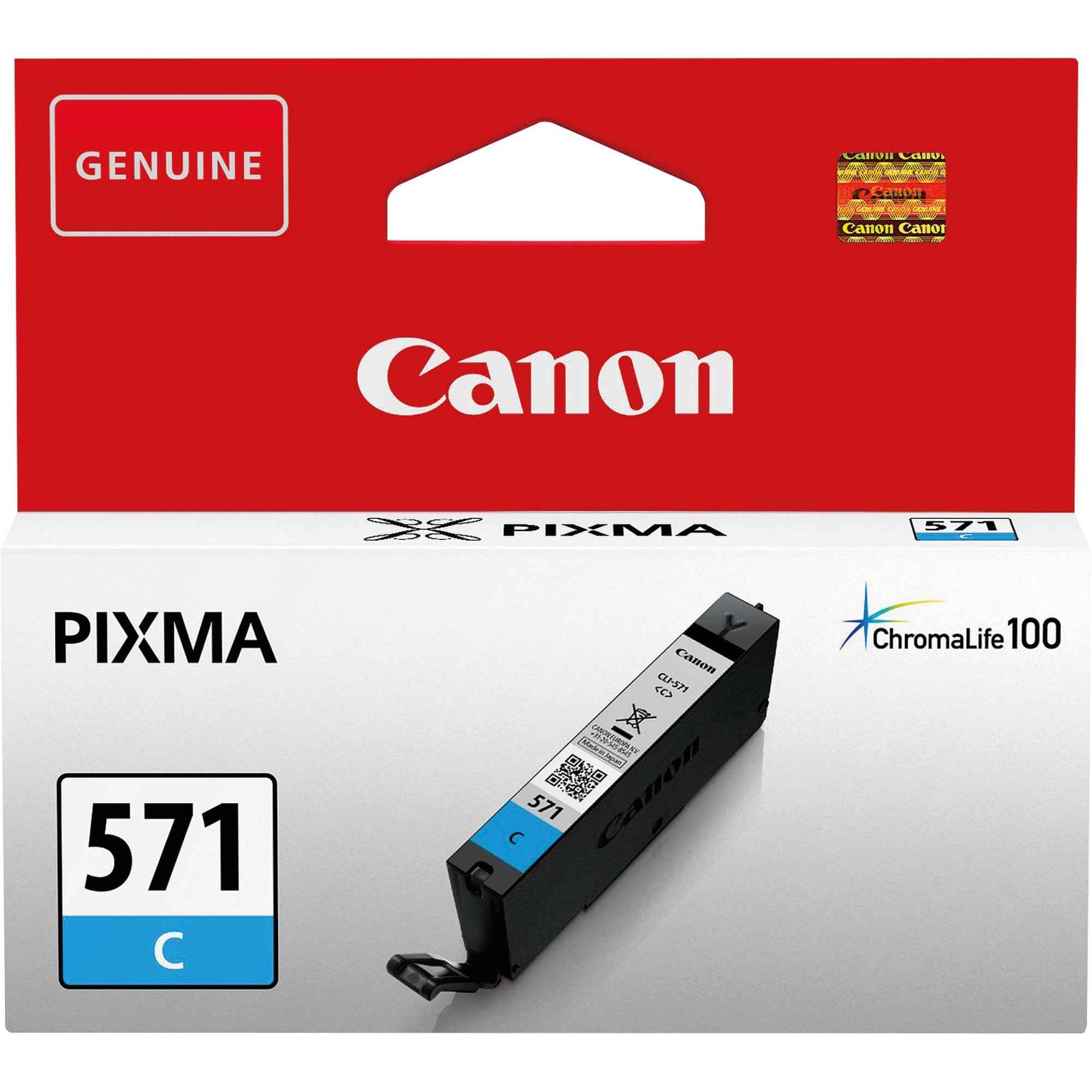 Canon Tintenpatrone CLI-571C Cyan für Drucker, zeigt die blaue Tintenpatrone im Karton.