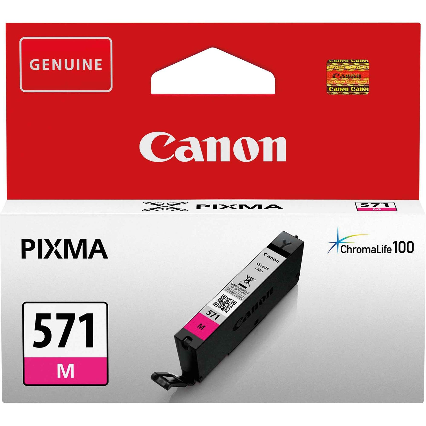 Canon Tintenpatrone CLI-571M Magenta für Drucker, seitliche Ansicht mit sichtbarer Magentafarbe, original Canon Tintenpatrone
