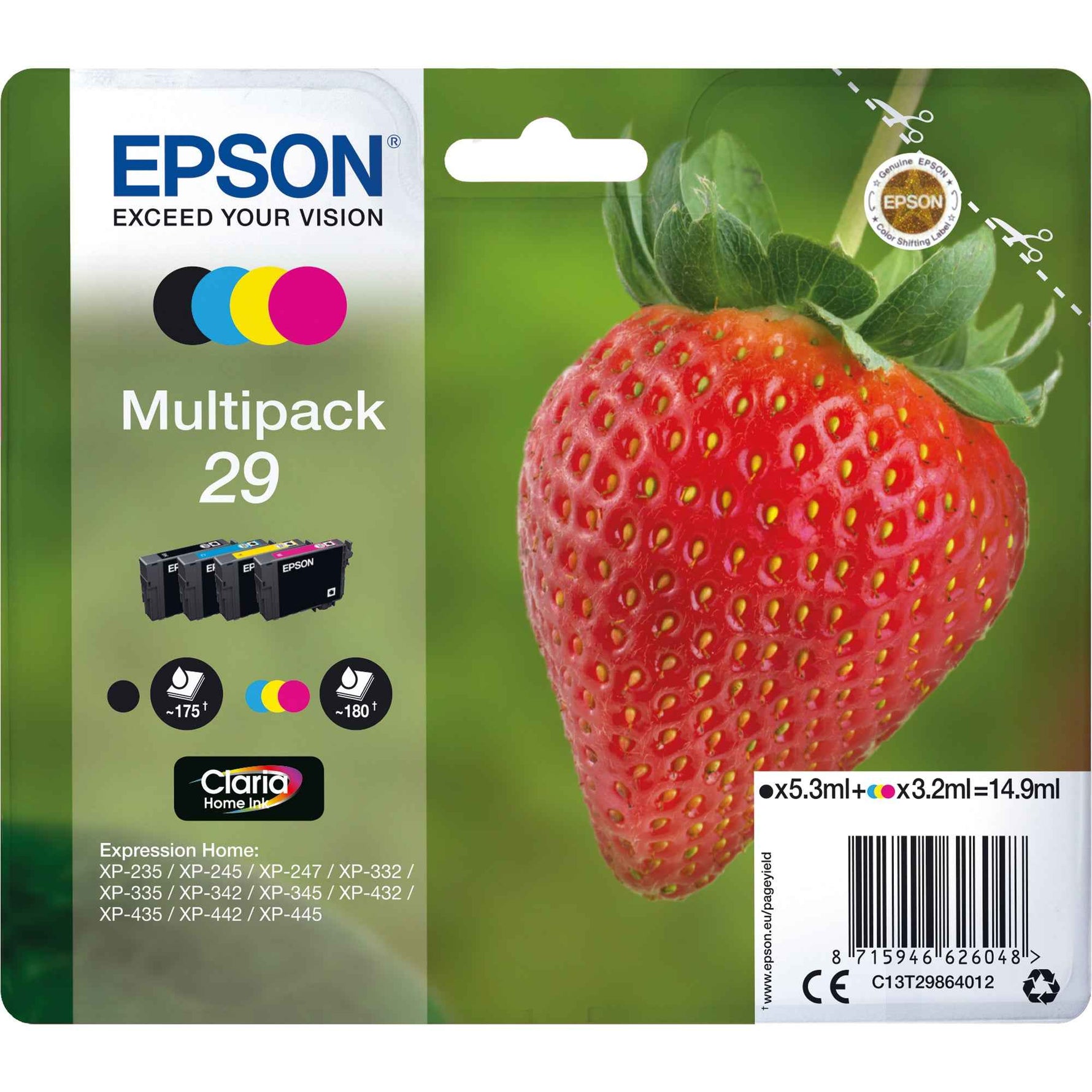 Epson Tintenpatrone 29 mit schwarzen, Cyan, Magenta und Gelb Tintenpatronen für Farbdrucker, original Epson Qualität