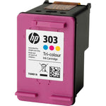HP Tintenpatrone 303 in Cyan, Magenta und Gelb für Farbdrucke, zeigt die Tintenpatrone mit bunten Tintenfarben.