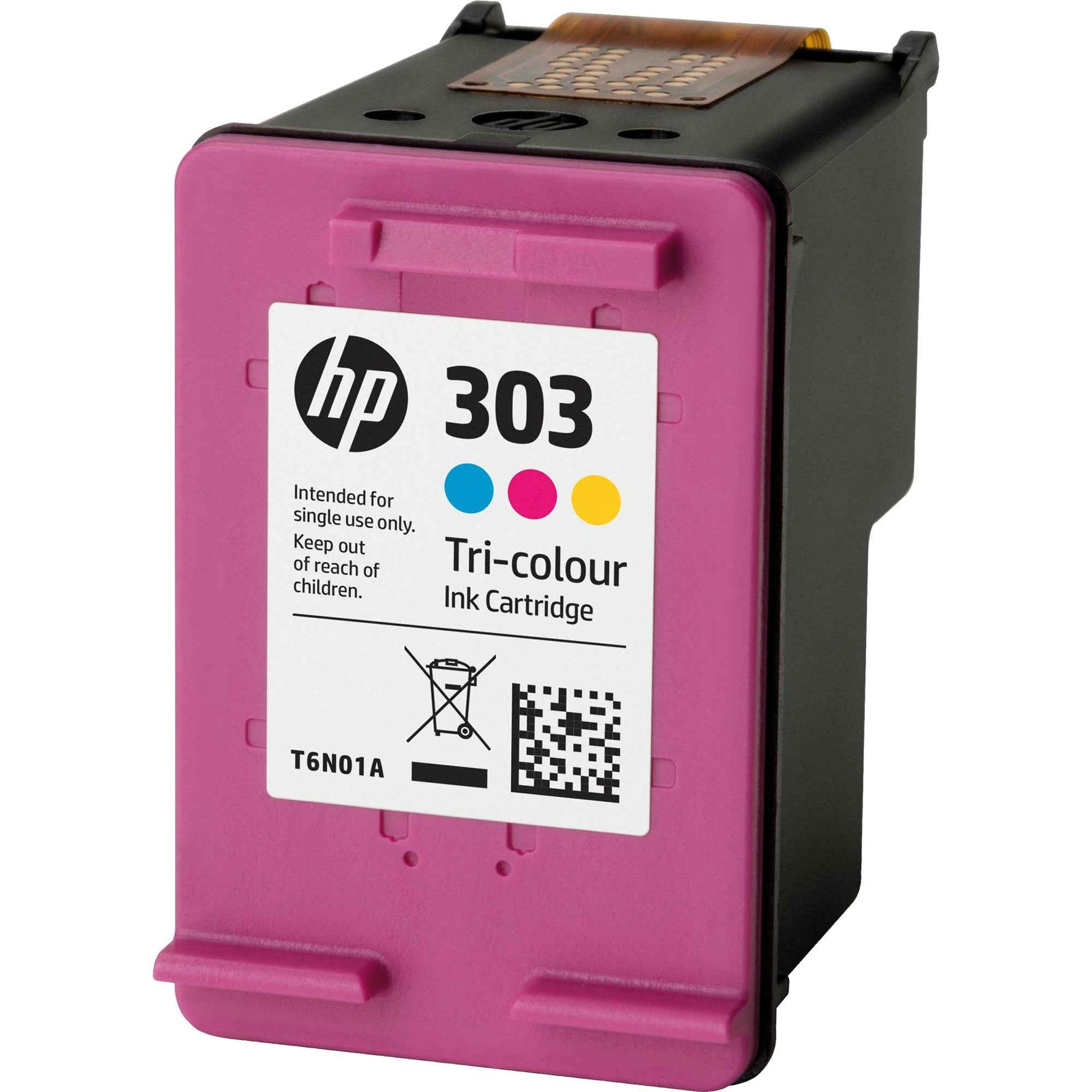HP Tintenpatrone 303 in Cyan, Magenta und Gelb für Farbdrucke, zeigt die Tintenpatrone mit bunten Tintenfarben.