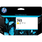 Gelbe HP Tintenpatrone 745, Tintenpatrone für Drucker, zeigt die Kartusche in ihrer Verpackung