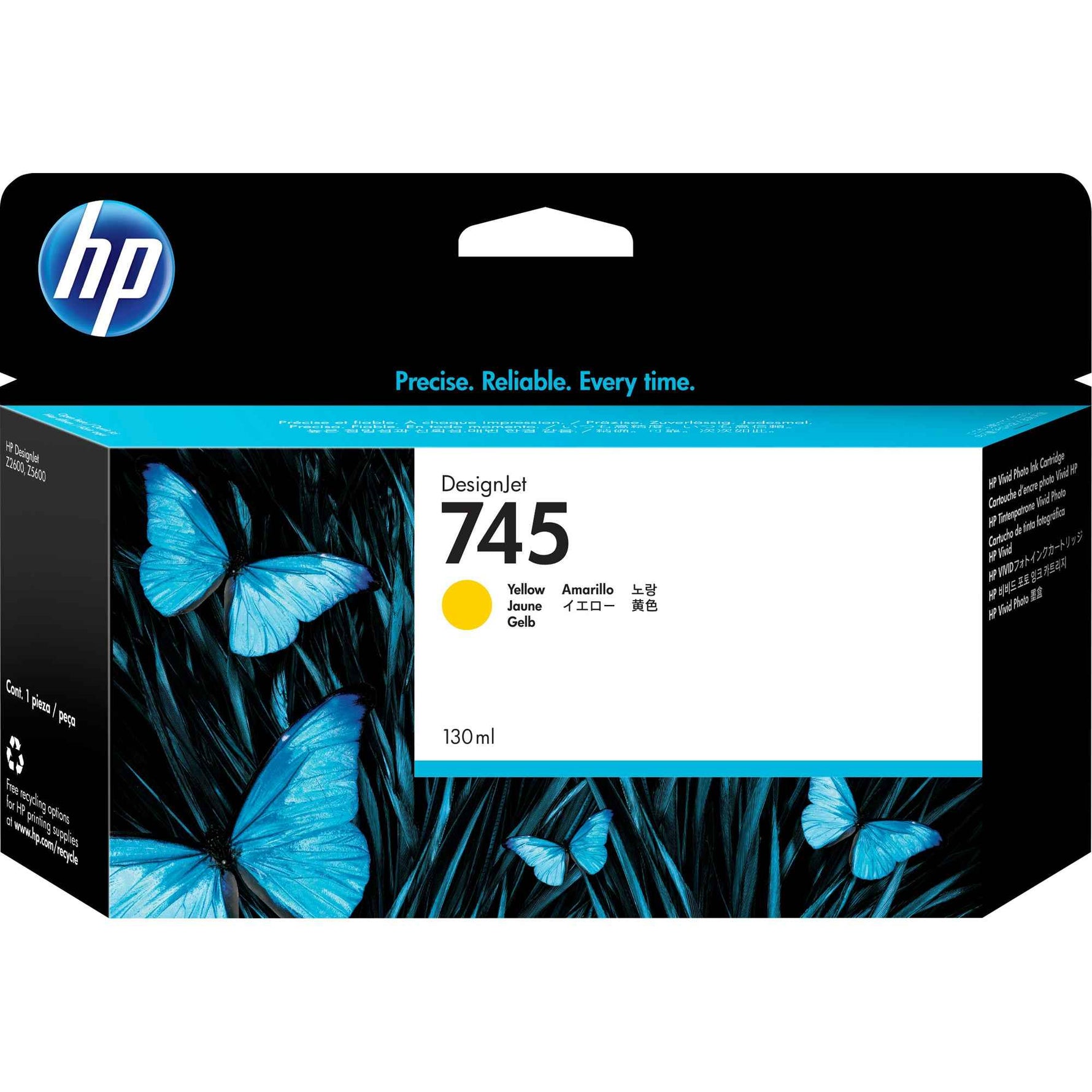 Gelbe HP Tintenpatrone 745, Tintenpatrone für Drucker, zeigt die Kartusche in ihrer Verpackung