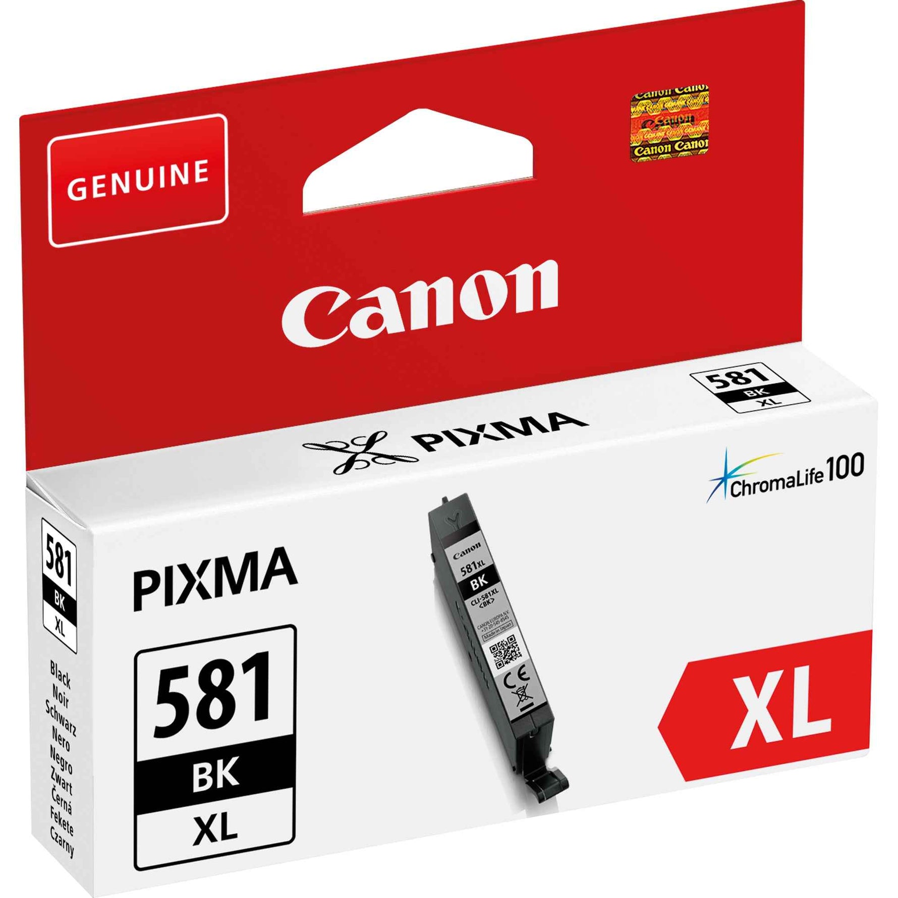 Schwarze Canon CLI-581XL Tintenpatrone für Drucker, Nahaufnahme der Tintenpatrone auf weißem Hintergrund