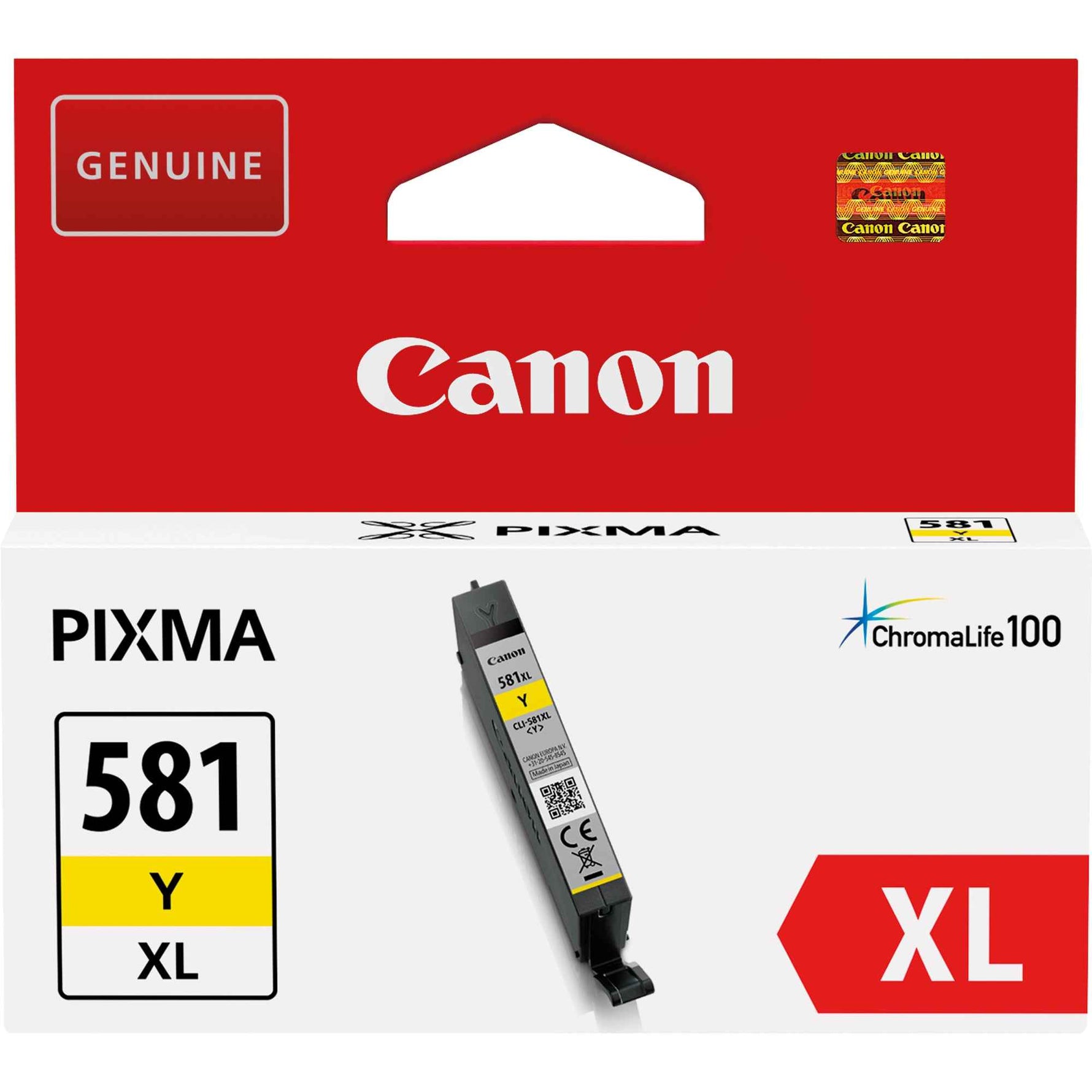 Canon Tintenpatrone CLI-581XL Y Gelb für Drucker, hochauflösende Gelb-Tintenpatrone von Canon, zeigt die Verpackung und Tintenpatrone