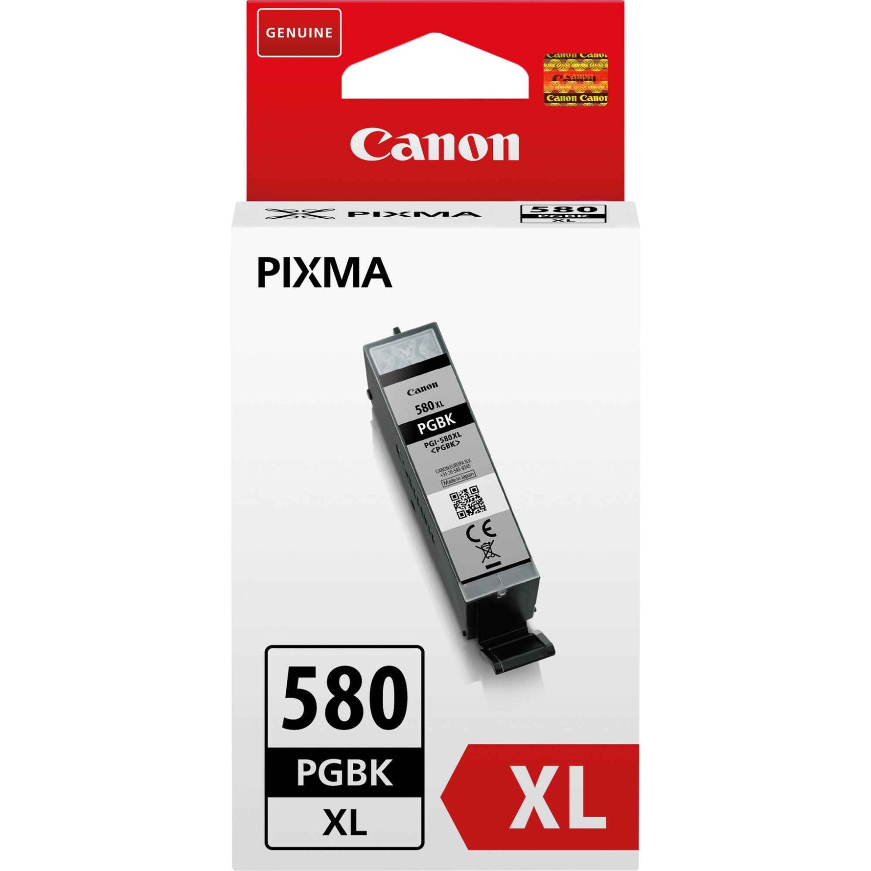 Schwarze Canon Tintenpatrone PGI-580XL PGBK für Drucker, Nahaufnahme der Tintenpatrone im Karton