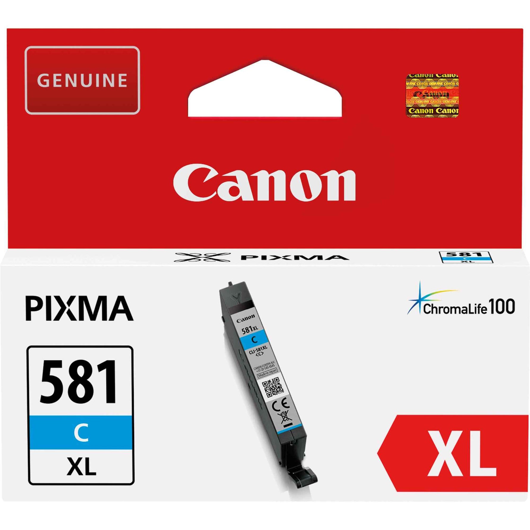 Canon Tintenpatrone CLI-581XL C cyan, große Cyan-Tintenpatrone für Canon Drucker, zeigt die Verpackung und Tintenpatrone.