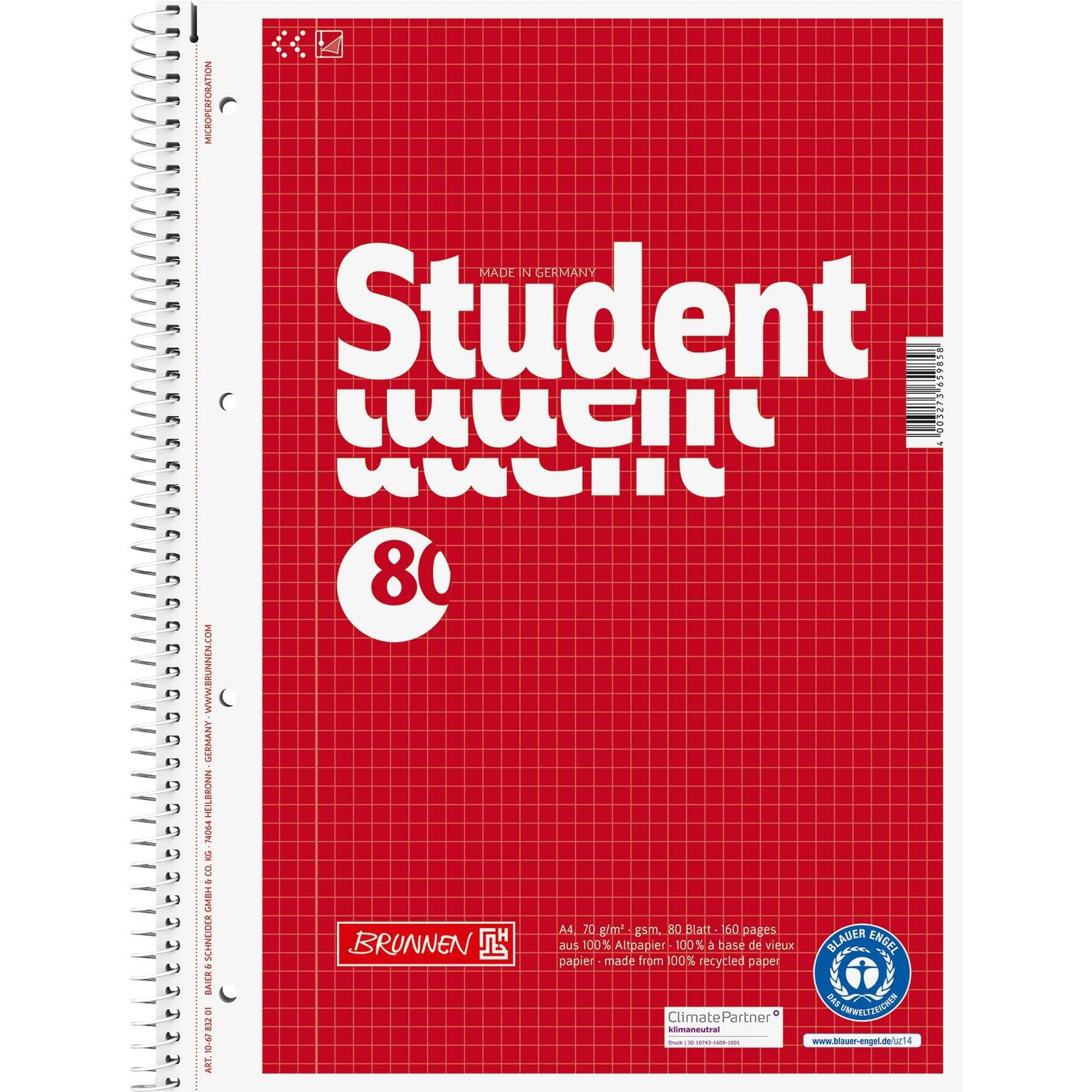 BRUNNEN Collegeblock Student Recycling DIN A4 kariert