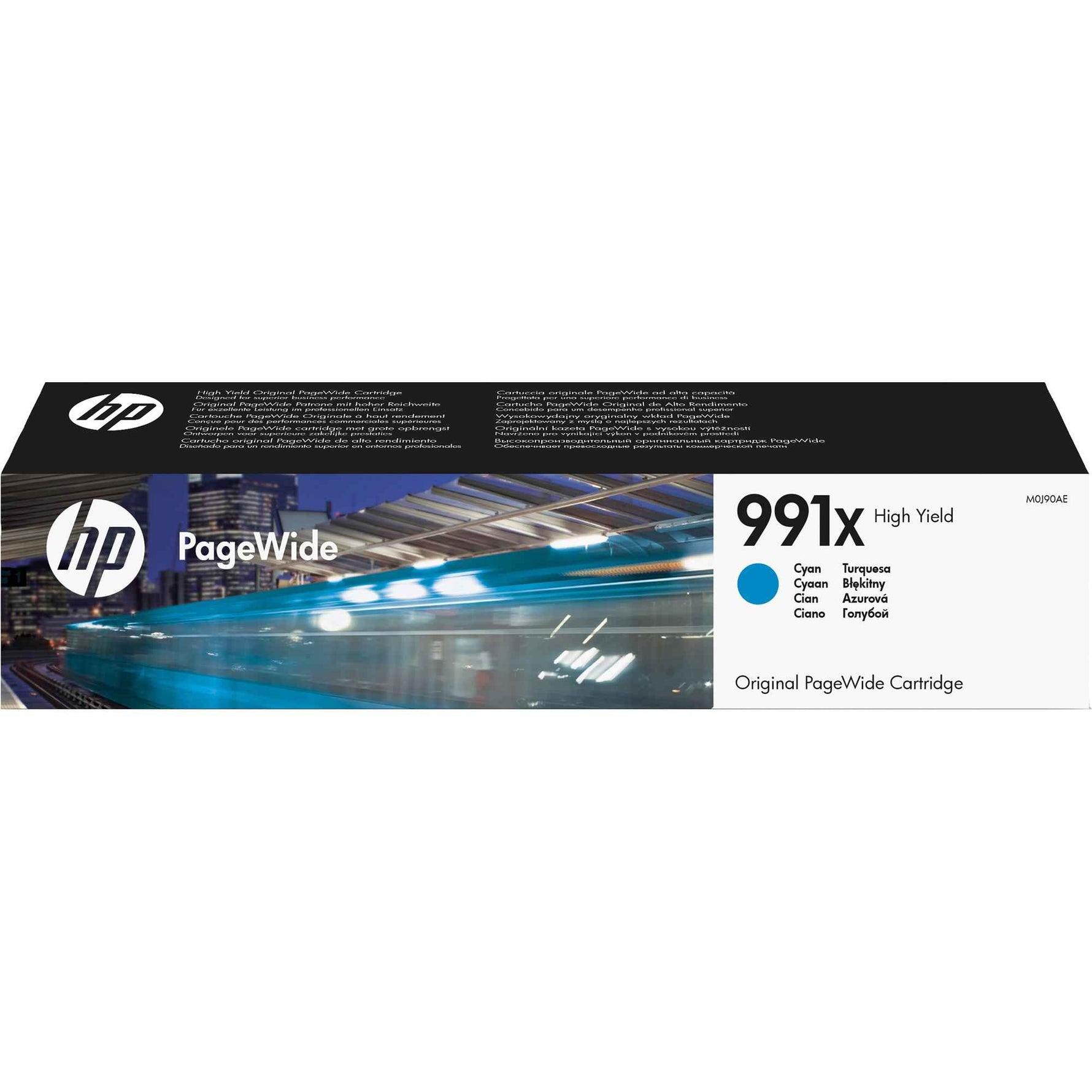 HP Tintenpatrone 991X Cyan, Original Tintenpatrone für HP Drucker, zeigt die cyanfarbene Tintenpatrone im Karton