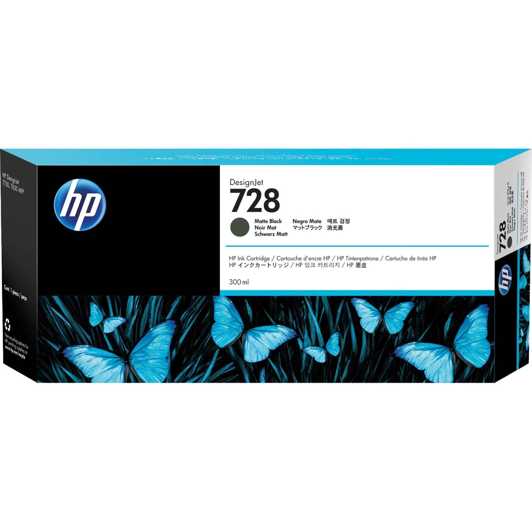 Schwarze, matte HP Tintenpatrone 728 für Drucker, zeigt die Tintenpatrone im Karton mit Produktkennzeichnung.