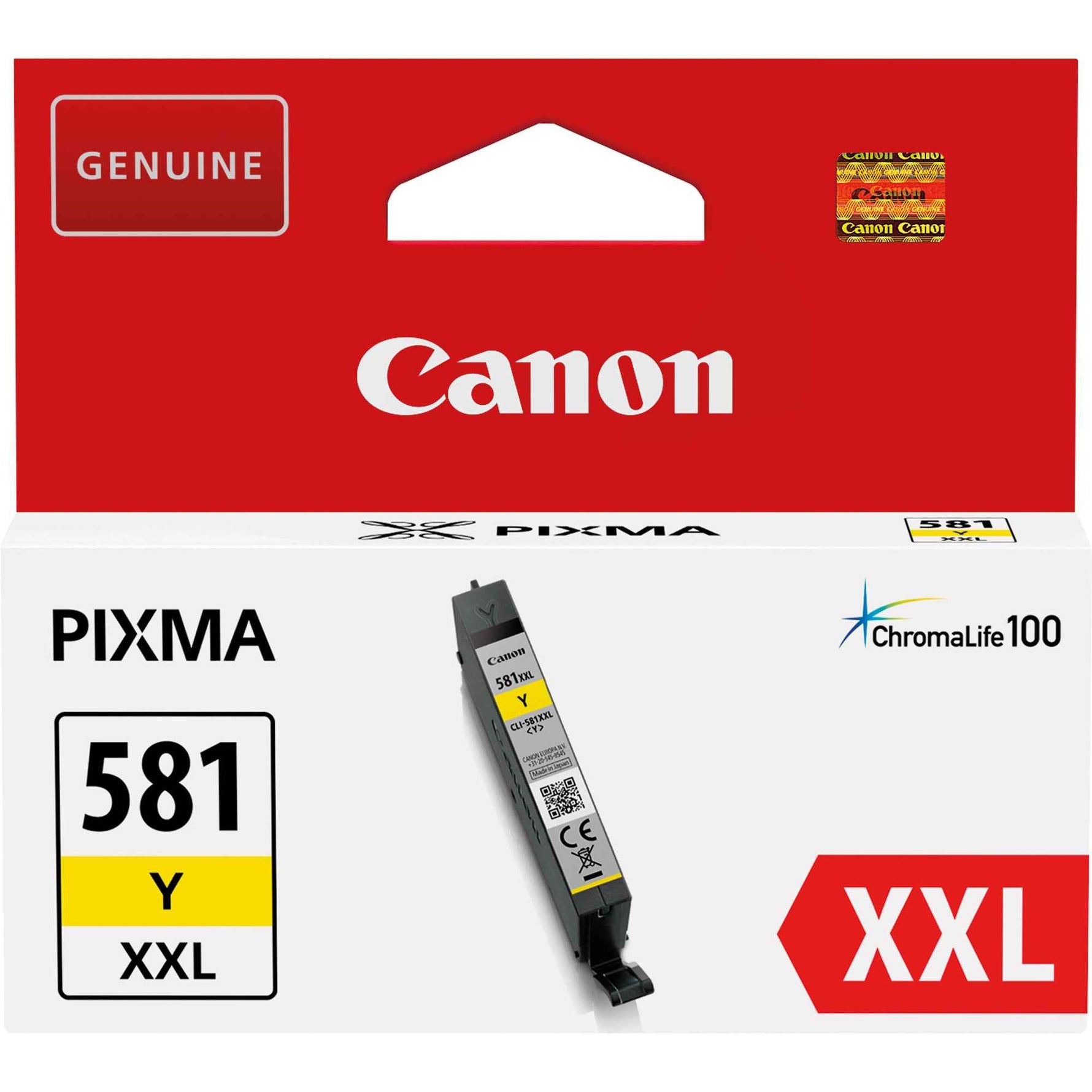 Canon Tintenpatrone CLI-581XXL Y Gelb, gelbe Tintenpatrone für Canon Drucker, Nahaufnahme auf der Verpackung