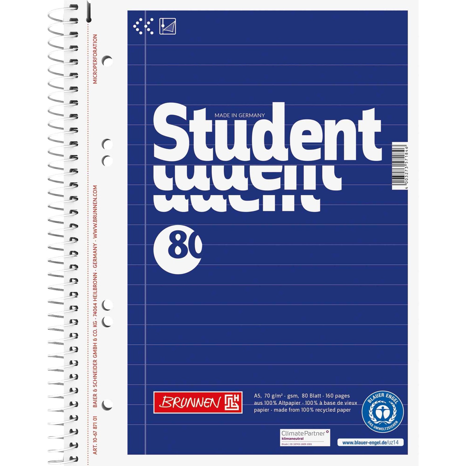 BRUNNEN Collegeblock Student Recycling DIN A5 liniert
