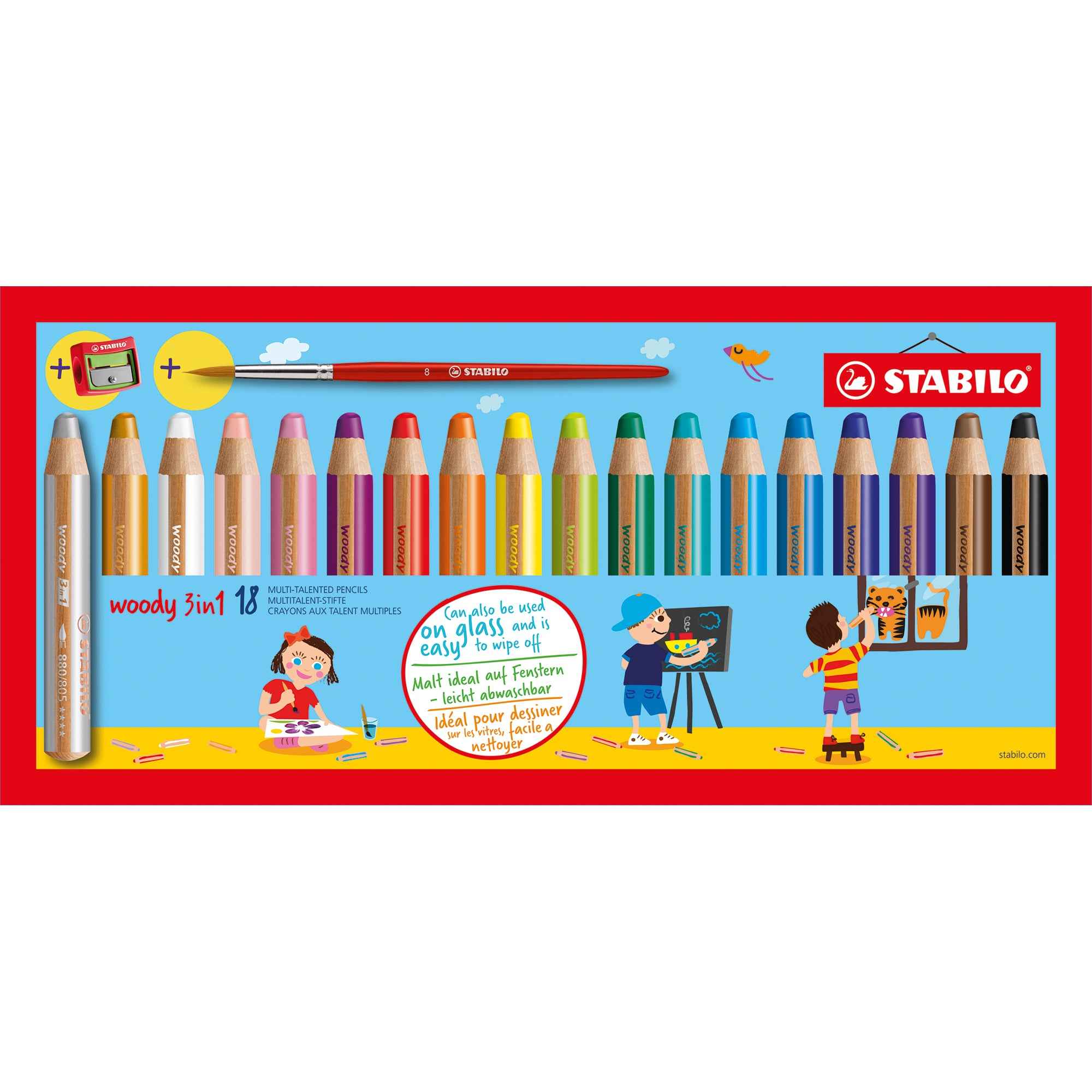 STABILO® Buntstift woody 3 in 1 inkl. Spitzer, Pinsel 18 St./Pack.