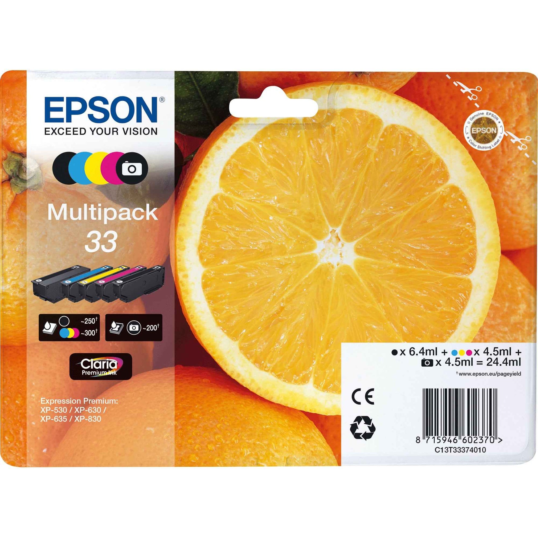 Epson Tintenpatrone 33 mit Schwarz, Cyan, Magenta, Gelb und Fotoschwarz für Drucker, Detailaufnahme der Tintenpatrone