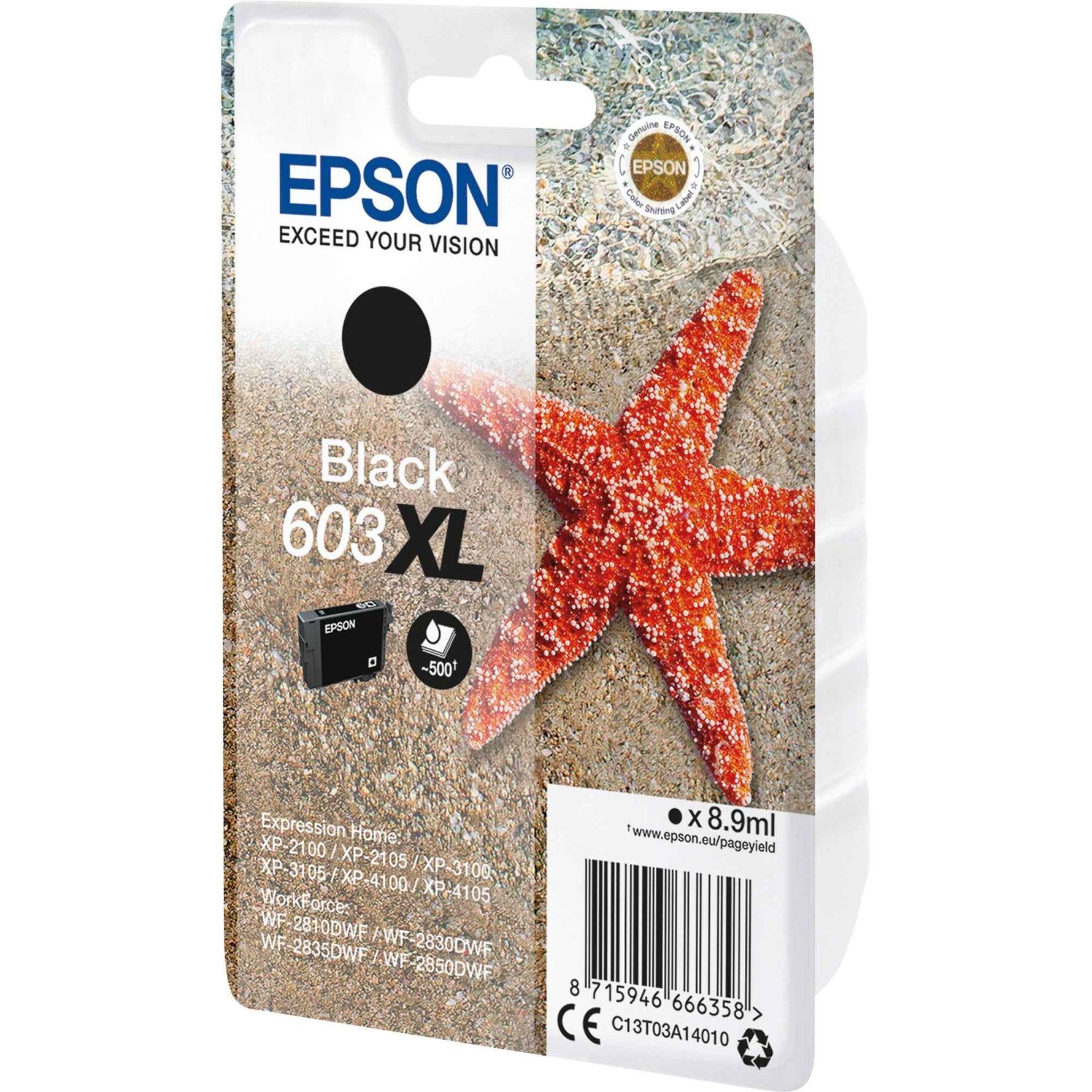 Epson Tintenpatrone 603XL schwarz, große Druckerpatrone für Epson Drucker, zeigt die schwarze Tintenpatrone vor weißem Hintergrund