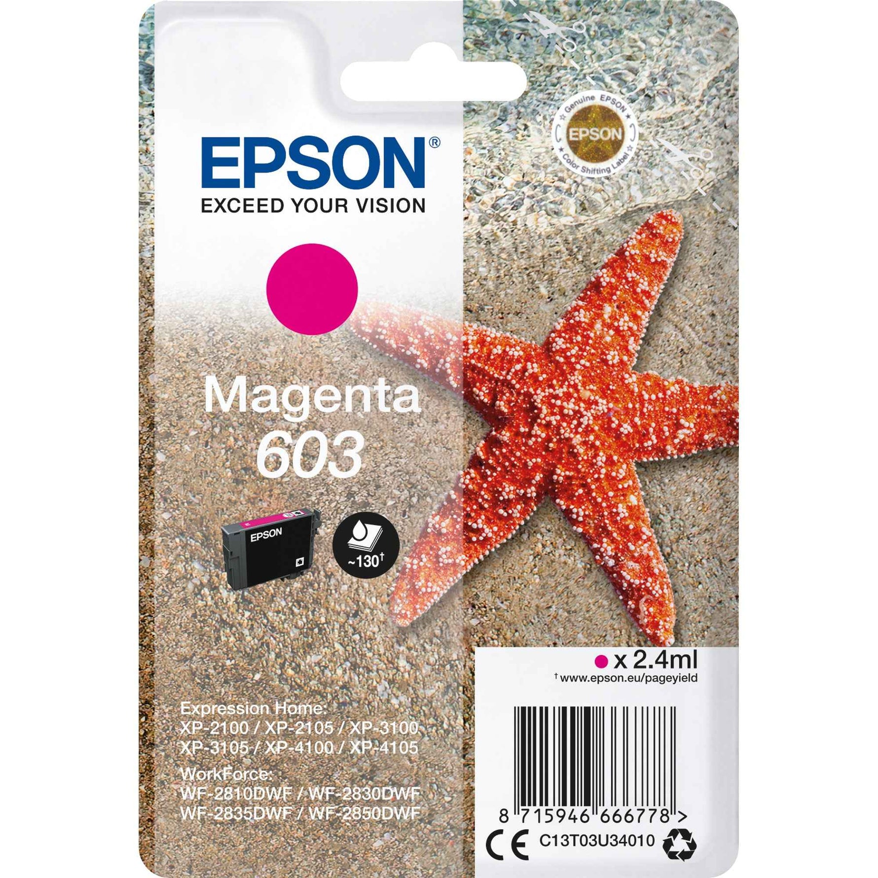 Epson Tintenpatrone 603 magenta, original Tintenpatrone für Epson Drucker, zeigt die magentafarbene Verpackung und die Patrone