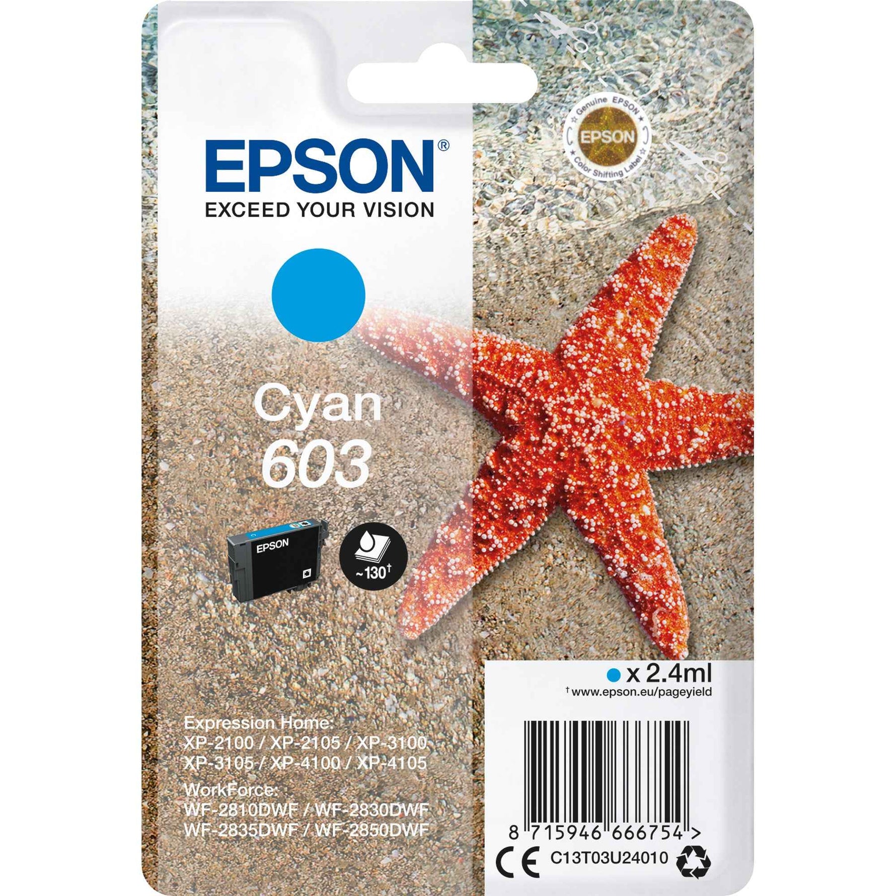 Epson Tintenpatrone 603 in Cyan, Originaldruckerpatrone für Epson Drucker, zeigt die Cyan-Patrone in Verpackung.