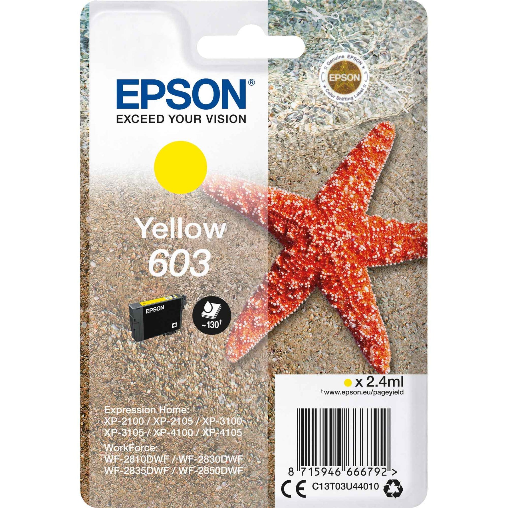 Epson Tintenpatrone 603 Gelb, original Druckkopfpatrone für Epson Drucker, sichtbarer gelber Tintenbehälter