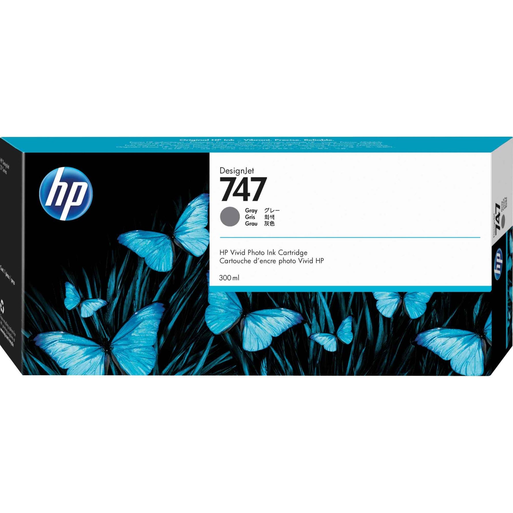 HP Tintenpatrone 747 in Grau, kompatibel mit HP Druckern, zeigt die Tintenpatrone im Karton mit sichtbarer Beschriftung.