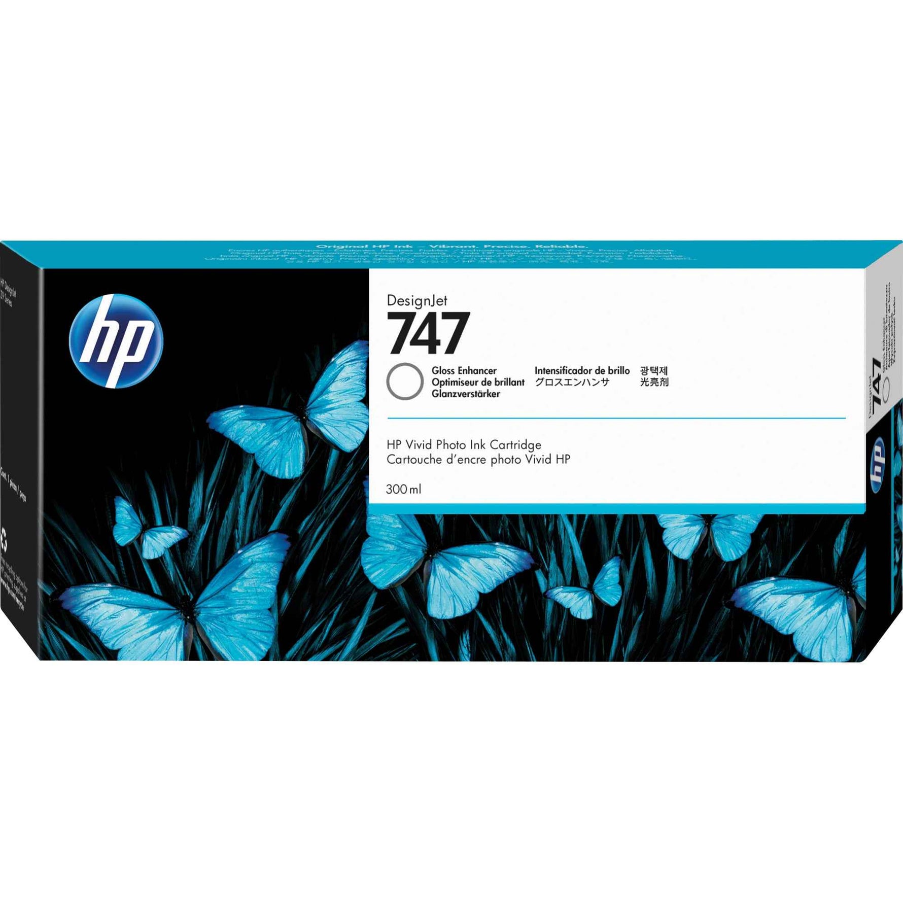 Helle, farblose HP Tintenpatrone 747 für Drucker, zeigt die transparente Patrone in Nahaufnahme
