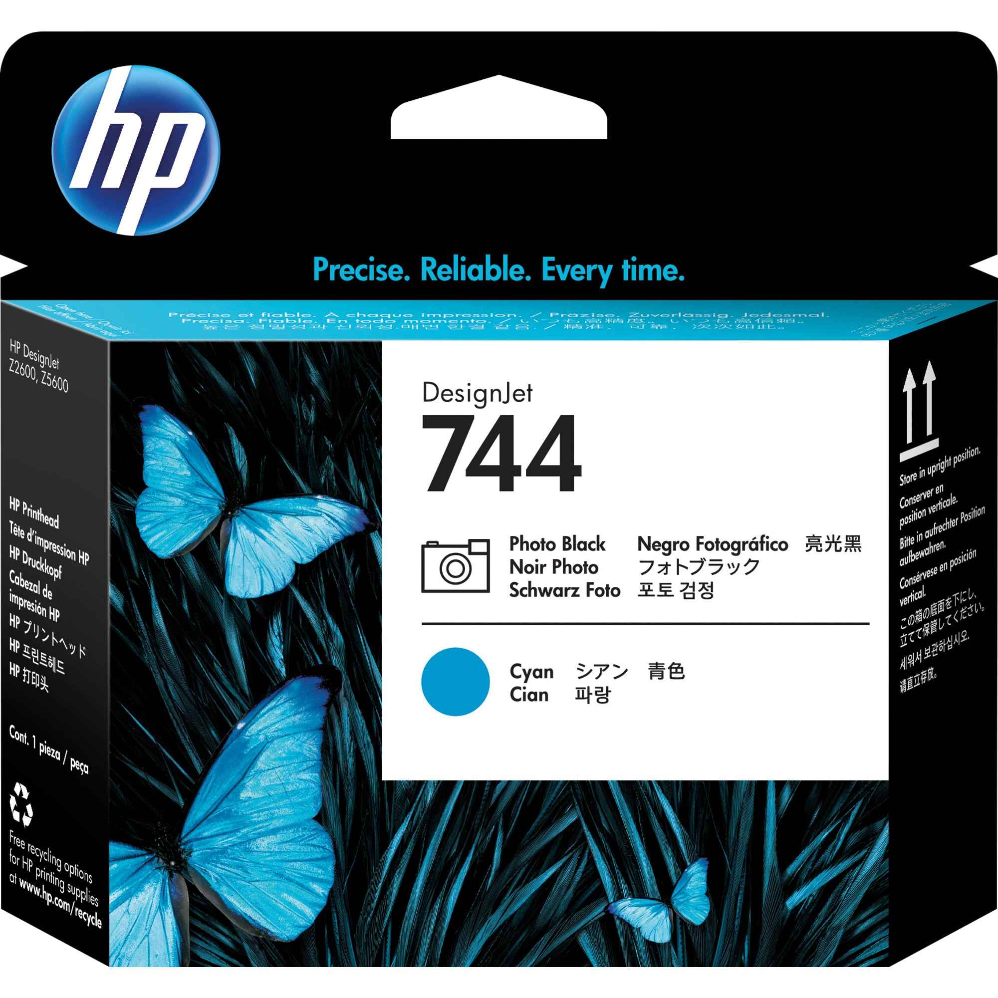 HP Druckkopf 744, Tintenstrahldruckkopf für HP Druckerserien, zeigt die Tintenpatronenöffnung und Druckkopfbeschichtung.