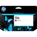 HP Tintenpatrone 745 Magenta für Drucker, kompatibel mit HP Druckern, zeigt die magentafarbene Tintenpatrone in Originalverpackung