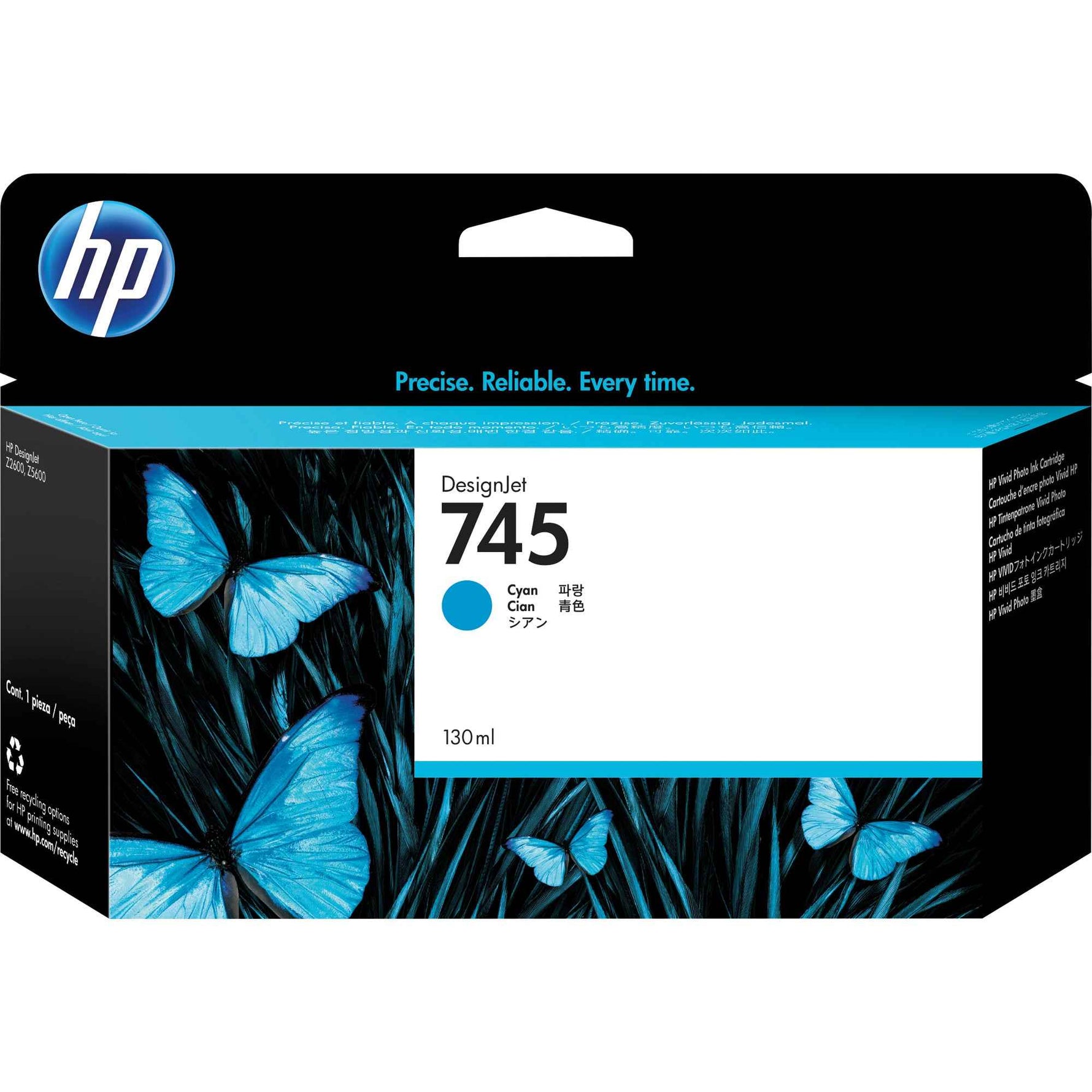 HP Tintenpatrone 745 Cyan, kompatible Tintenpatrone für HP Drucker, zeigt die Cyan-Tintenpatrone im Karton.