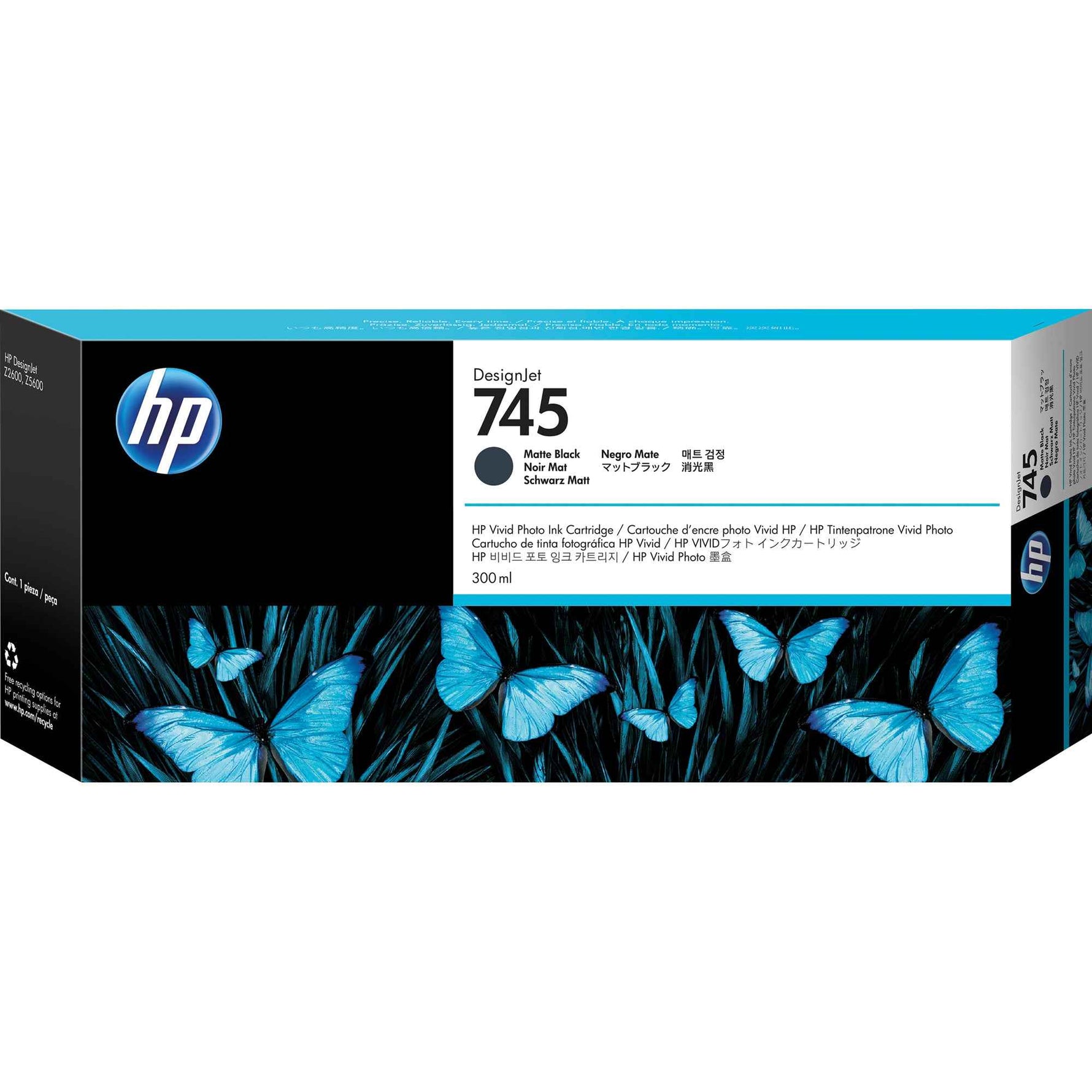 Schwarze matte HP Tintenpatrone 745, Tintenpatrone für Drucker, sichtbarer Tintenbehälter und Druckkopf