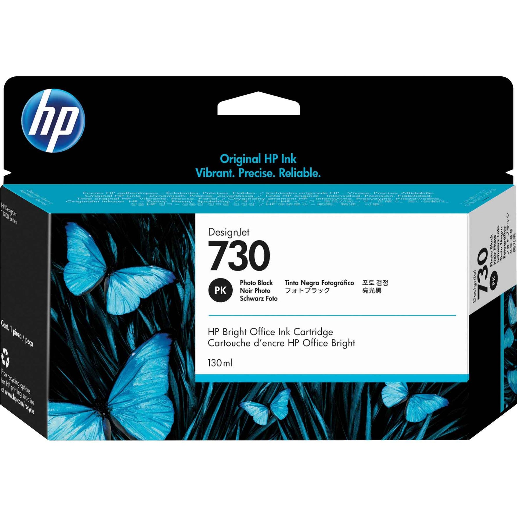 HP Tintenpatrone 730 fotoschwarz für Drucker, zeigt die Tintenpatrone in Originalverpackung mit schwarzer Tintenanzeige